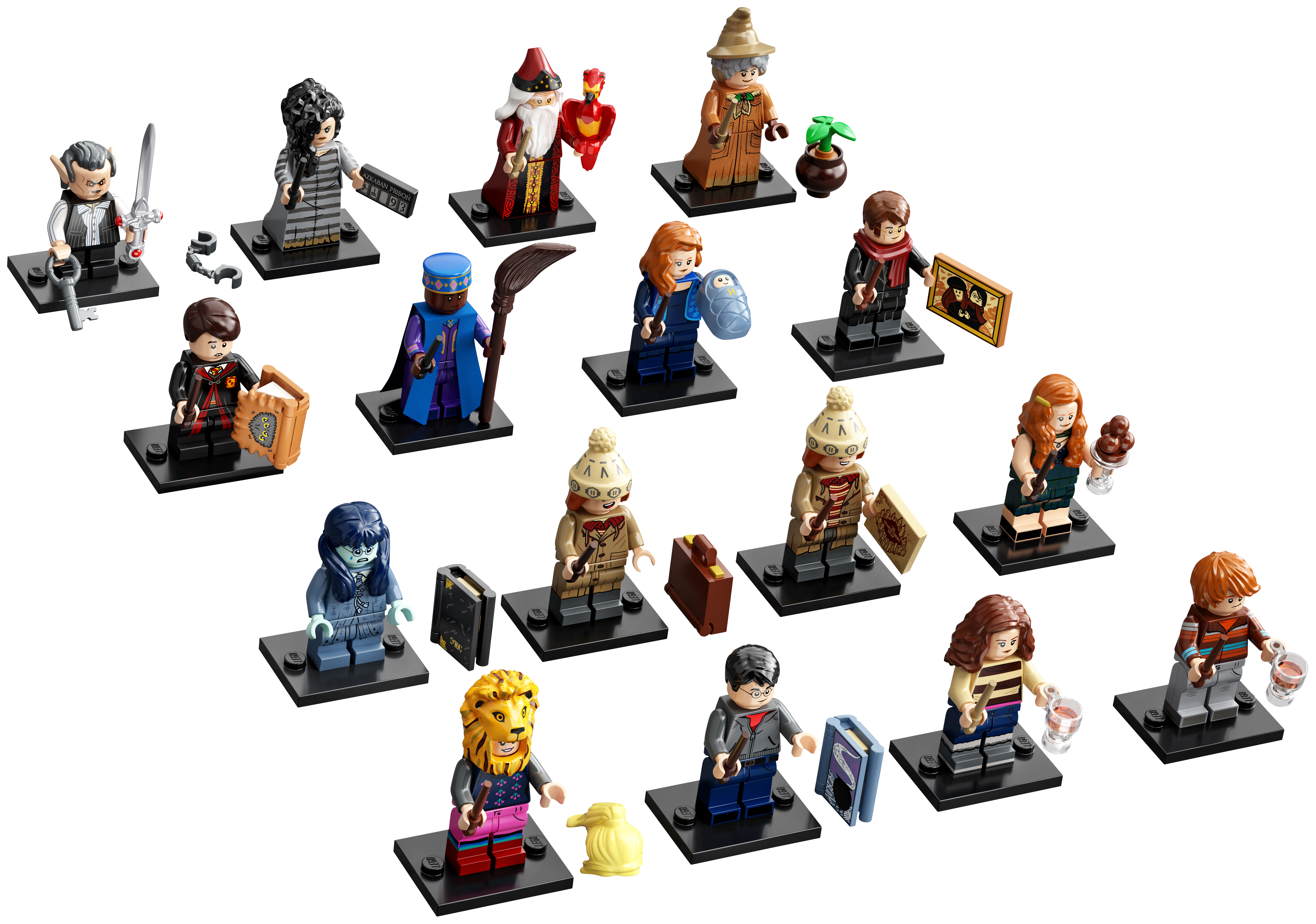 Eine Sammlung von Harry Potter-Mini-Figuren auf schwarzen Basen. Die Figuren stellen verschiedene Charaktere dar.