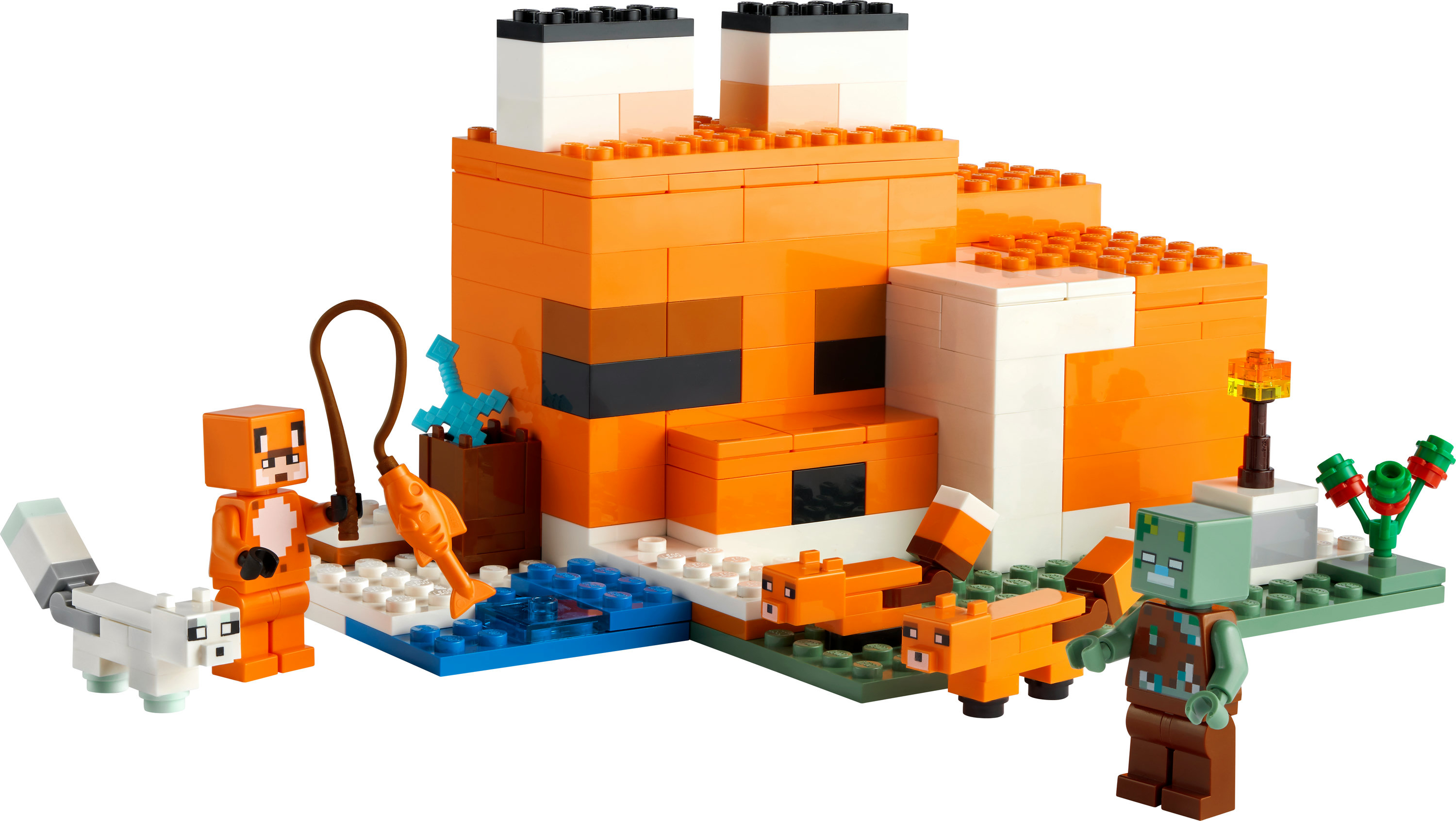 Set LEGO de Minecraft, con tema de zorro. Incluye figuras de zorro, un zombi y una escena de pesca.