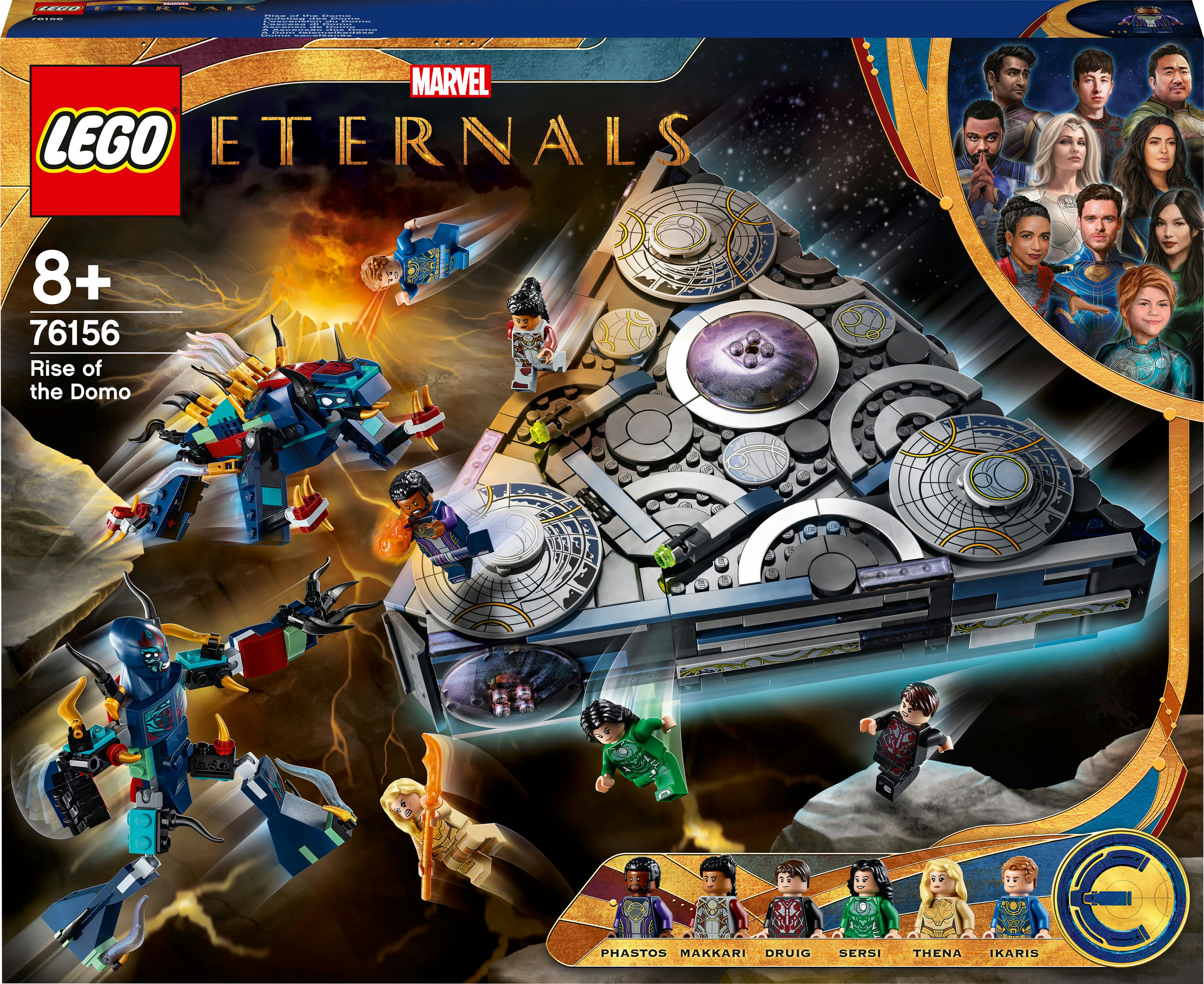 Das Lego Eternals Set mit dem Domo-Raumschiff, Figuren und einem Marvel-Logo.