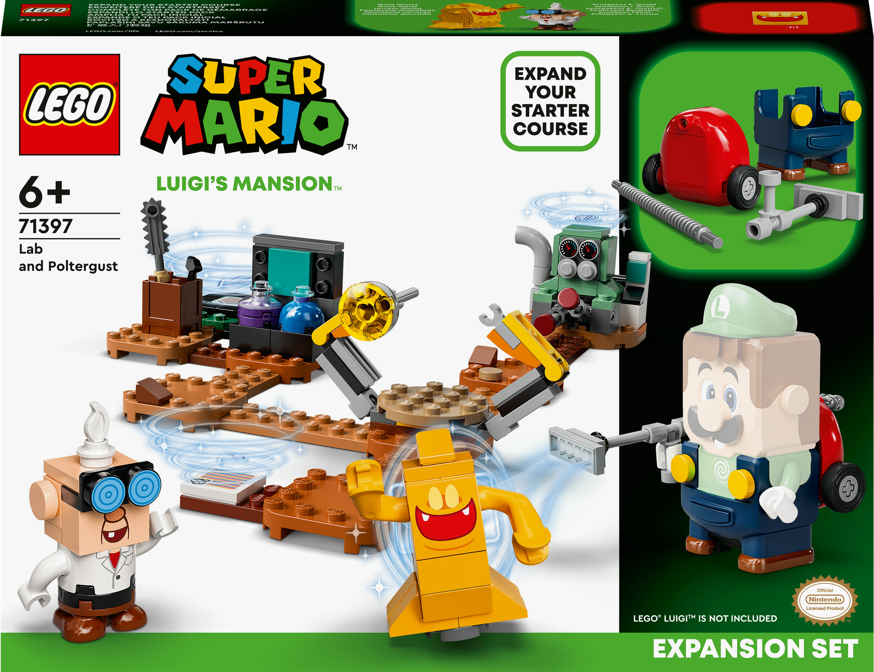 Lego Super Mario Luigi's Mansion Set. Enthält Luigi, Poltergust, Laborelemente und verschiedene Figuren.