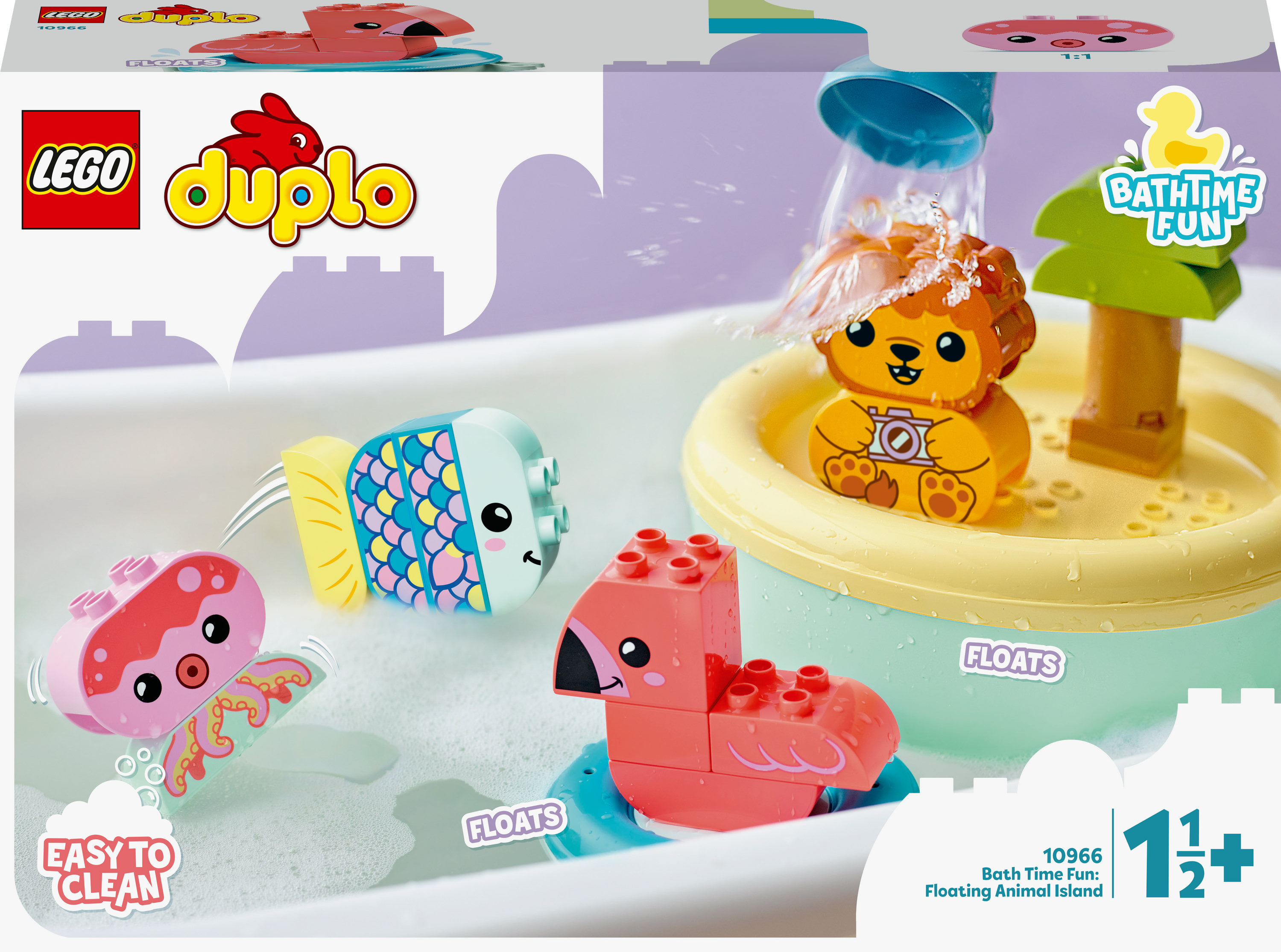 Zestaw Lego Duplo, scena zabawy podczas kąpieli z pływającą wyspą zwierząt i postaciami.