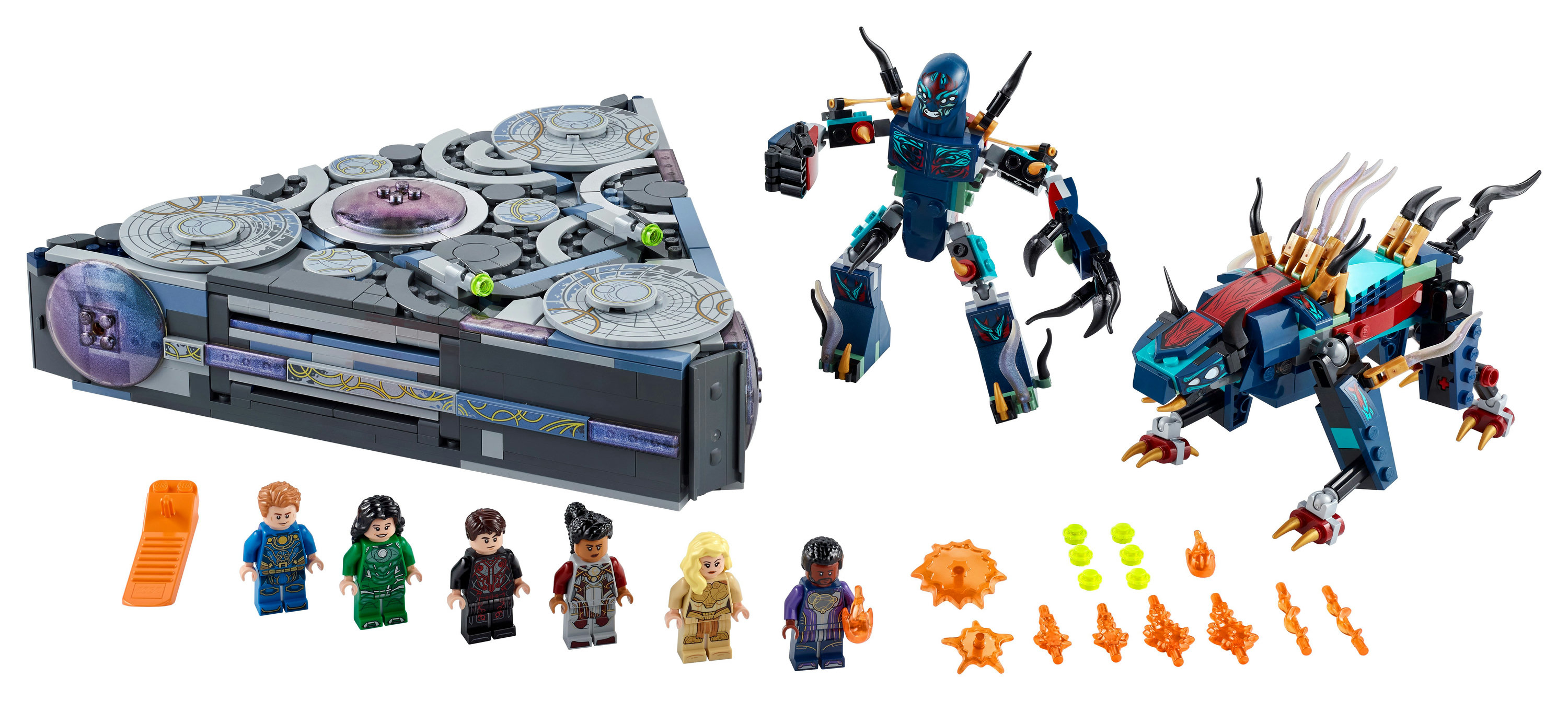 Lego-Set mit Figuren, einem großen grauen Dreieck und anderen Bauten.