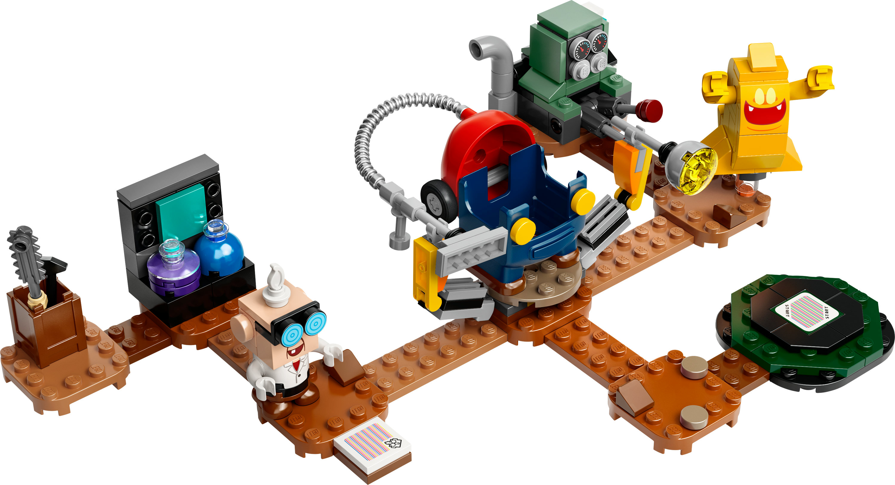 LEGO Mario Set mit Figuren, einer Maschine und einer Plattform auf brauner Oberfläche.