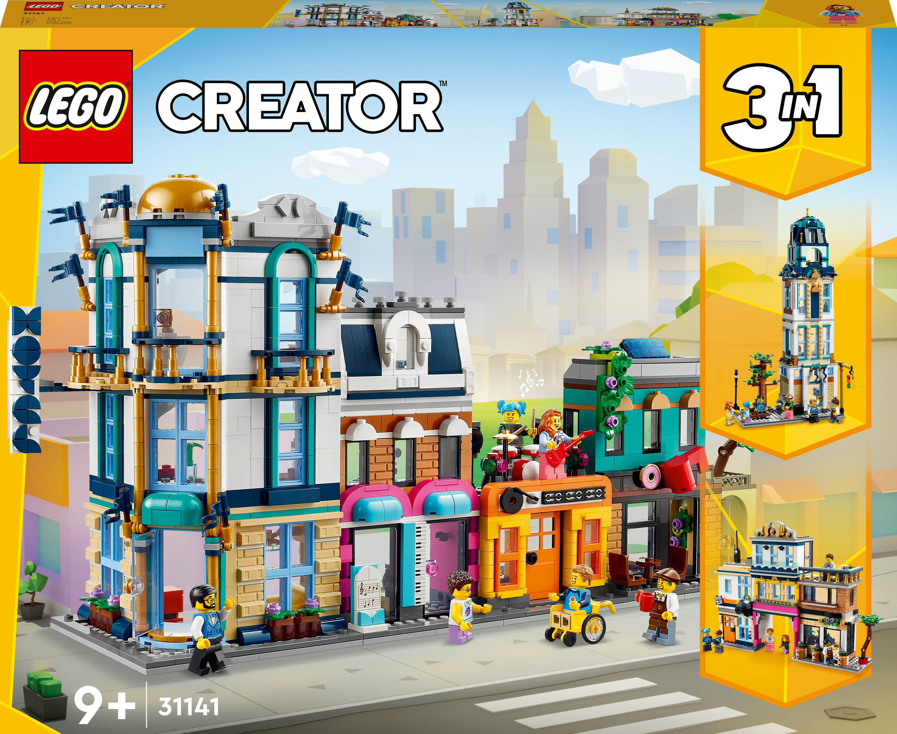 LEGO Creator set: Gedetailleerde straatscène met meerdere gebouwen en figuren.