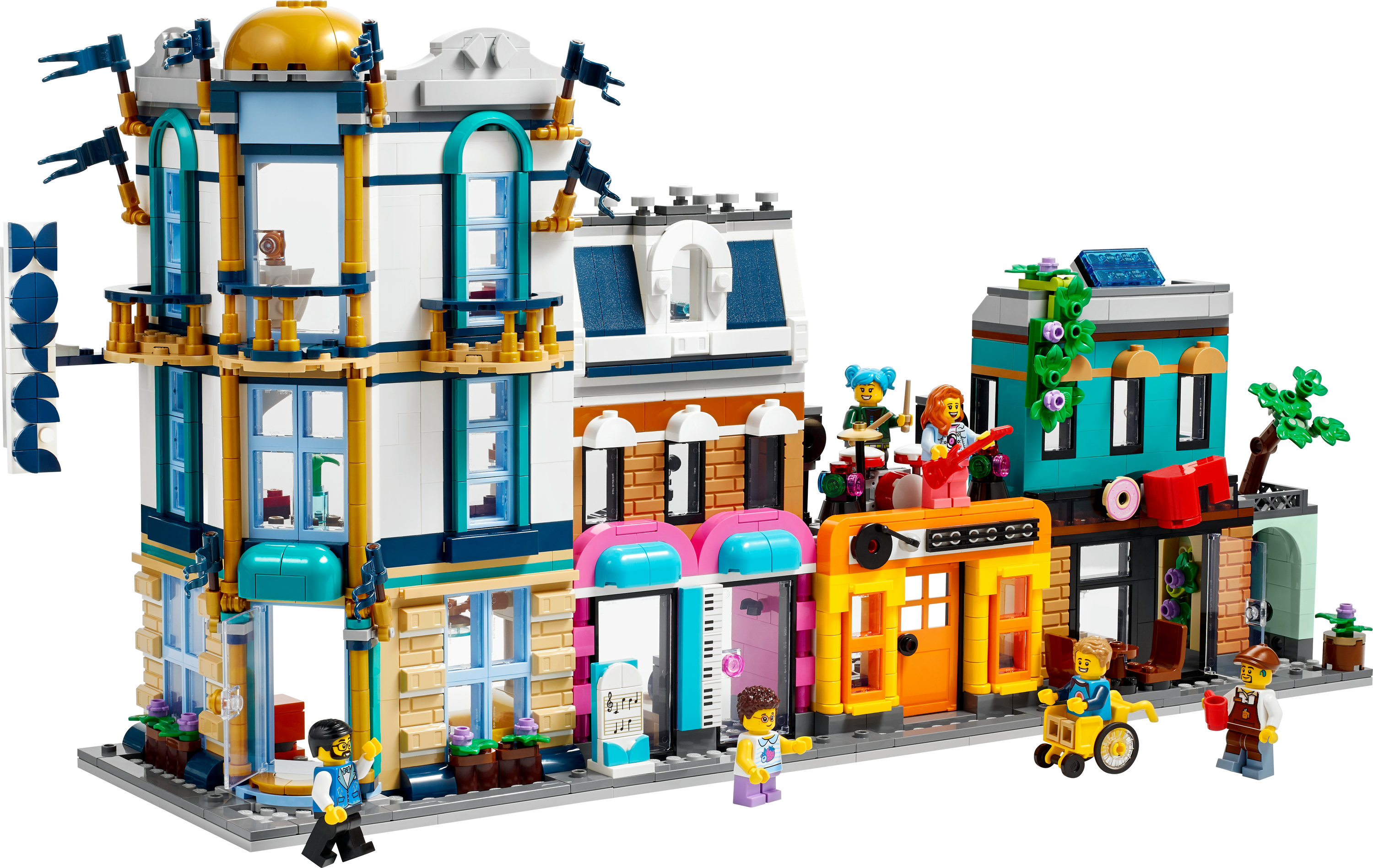 Lego set van kleurrijke gebouwen met figuren die muziek maken en lopen. De achtergrond is wit.
