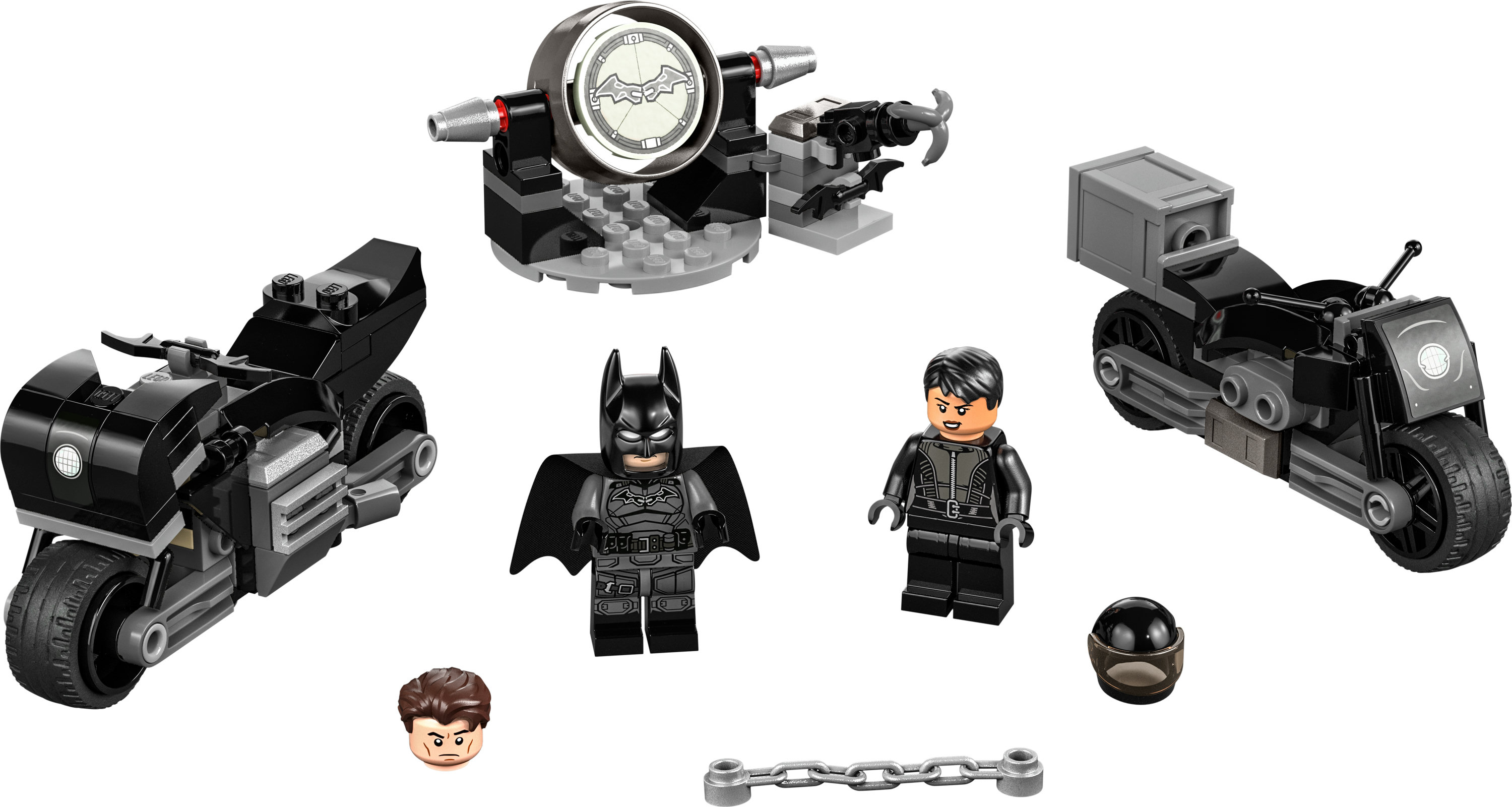 Set Lego Batman: Batcycle, personaggi e Bat-Signal. Nero, grigio e minifigure.