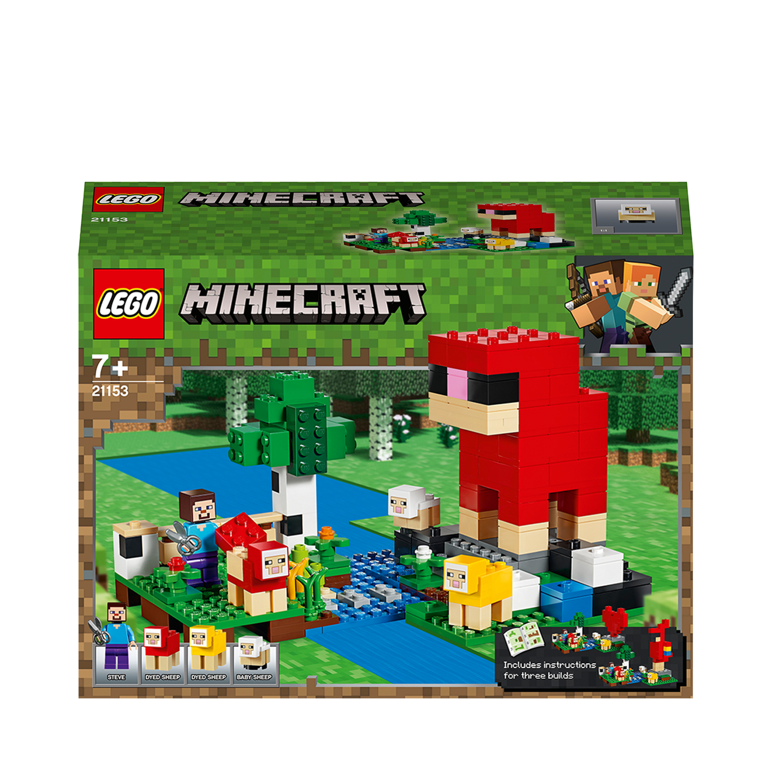 Set Lego Minecraft con personaggi di Steve e pecore, e una scena fluviale.