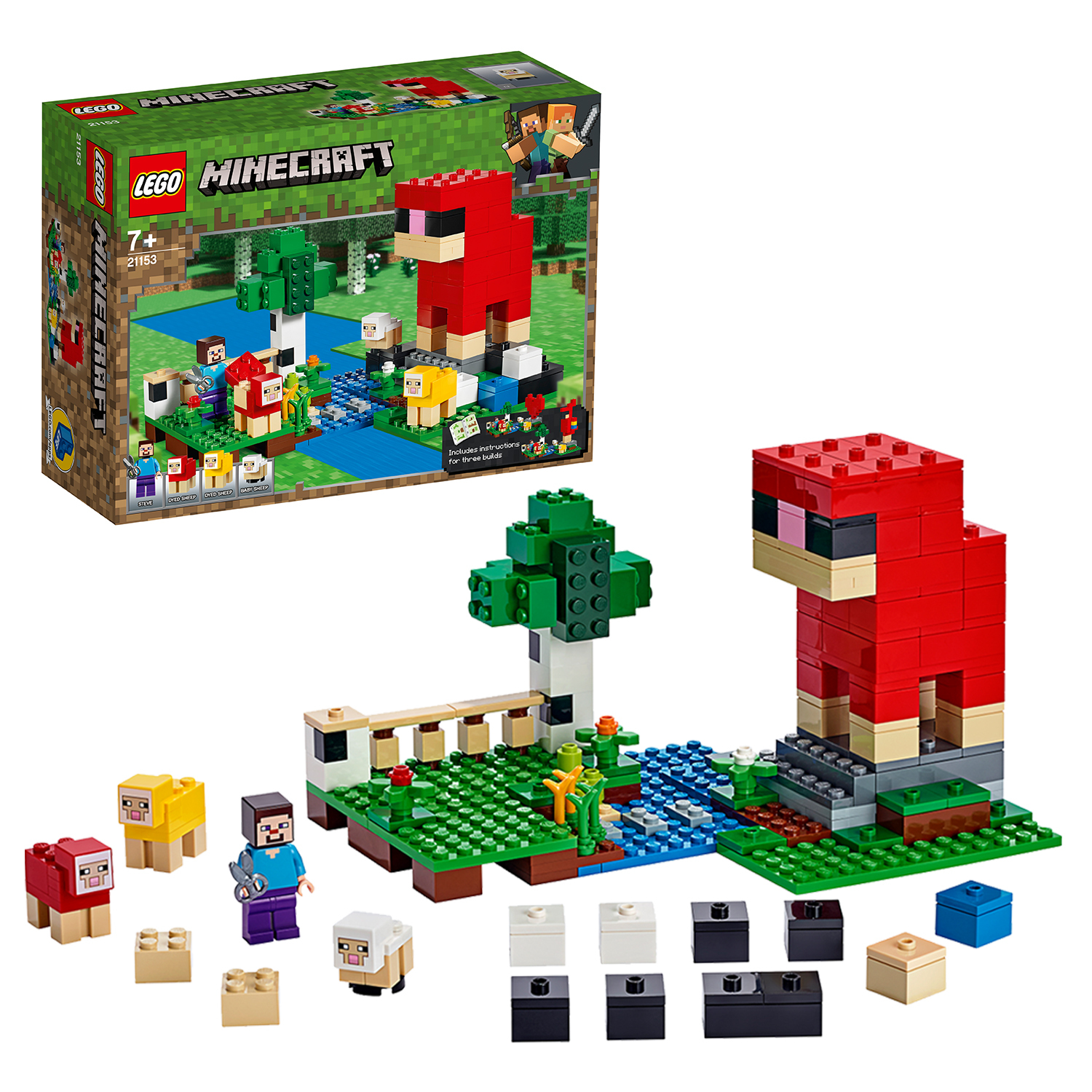 Un set Lego Minecraft con una pecora rossa, un fiume blu e altre pecore, più una scatola da costruzione.