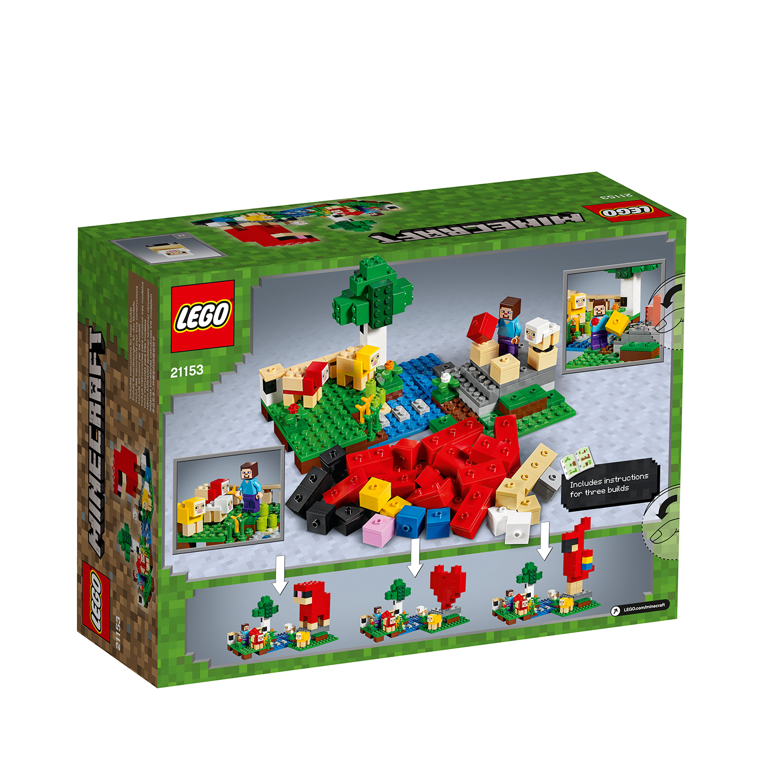 Set scatola Lego Minecraft che mostra una scena di Minecraft. Include personaggi e blocchi colorati.