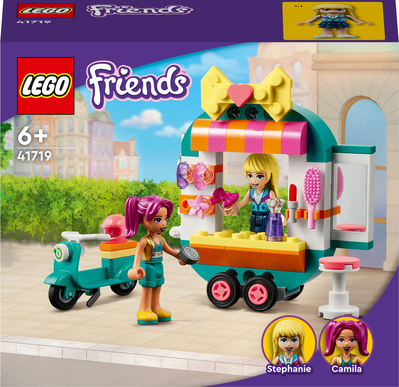 Caja del set Lego Friends, dos figuras con un scooter y una escena de tienda.