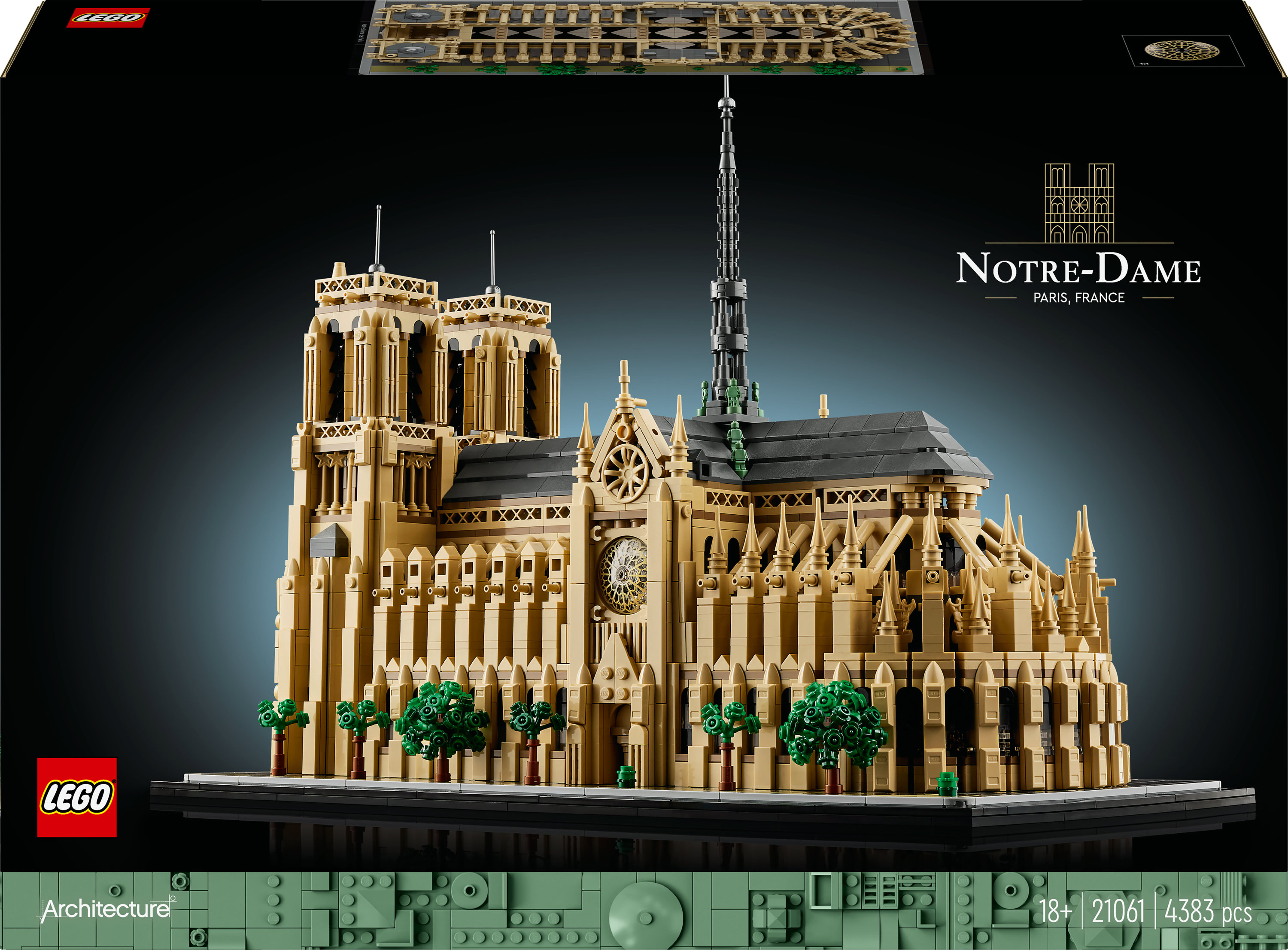 Zestaw Lego Notre Dame na ciemnym tle, pokazujący zewnętrzną stronę katedry.