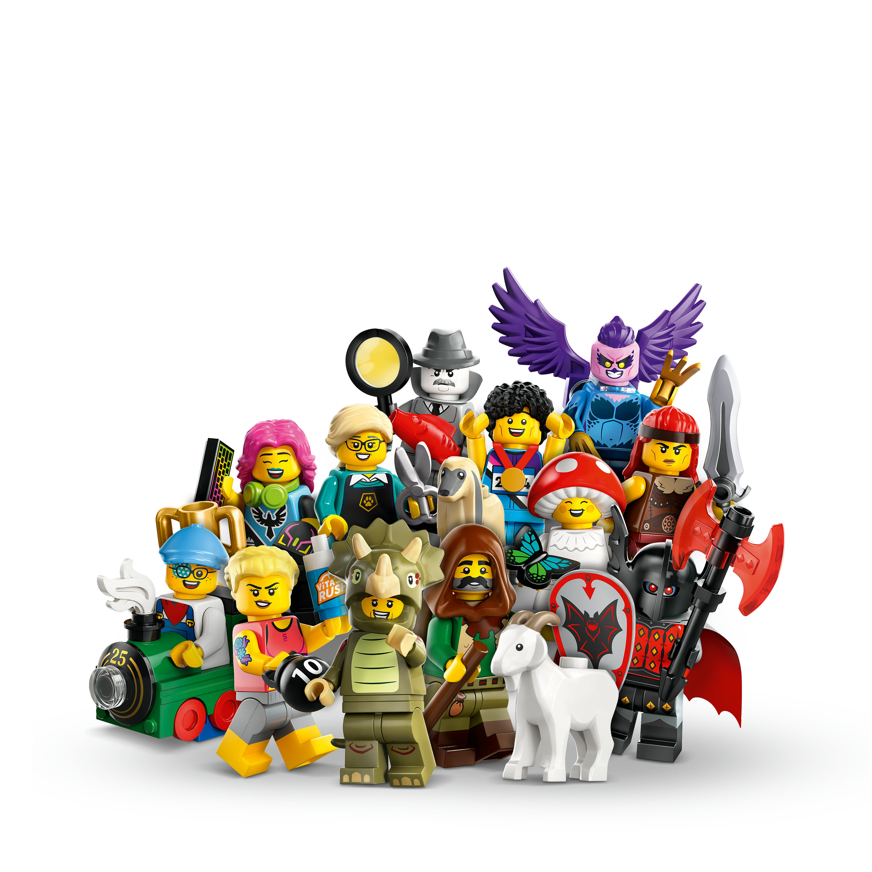 Lego Minifiguren-Sammlung. Gruppe verschiedener Mini-Figuren mit einzigartigen Outfits und Zubehör.
