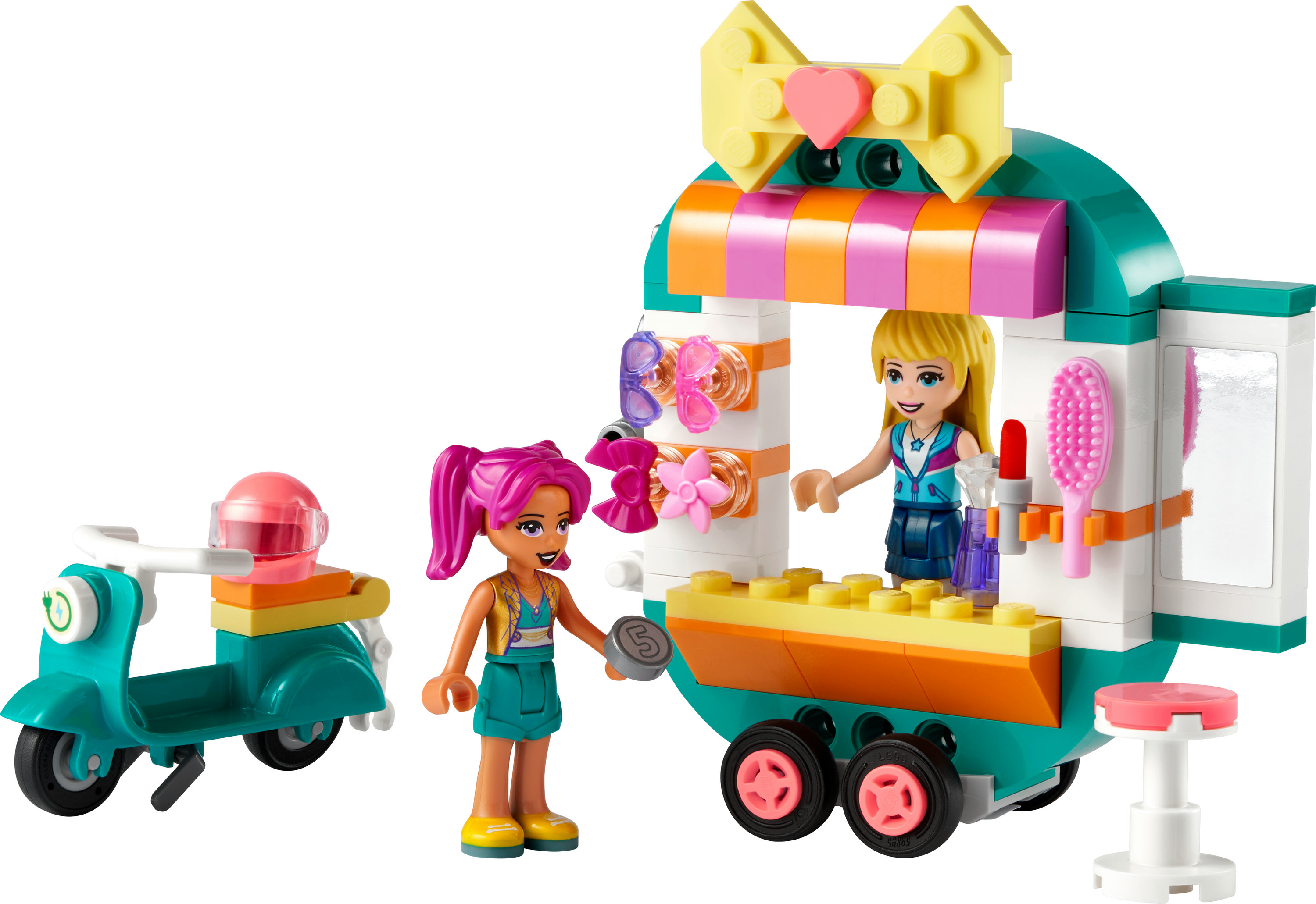 Set Lego Friends con un scooter, un carrito de compras, dos figuras y accesorios.