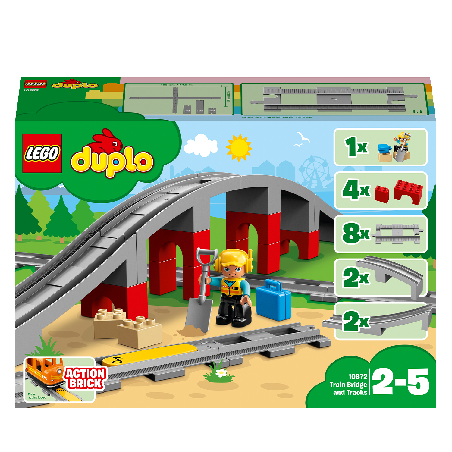 Scatola del set treno Lego Duplo con binari, un ponte e illustrazioni del contenuto.