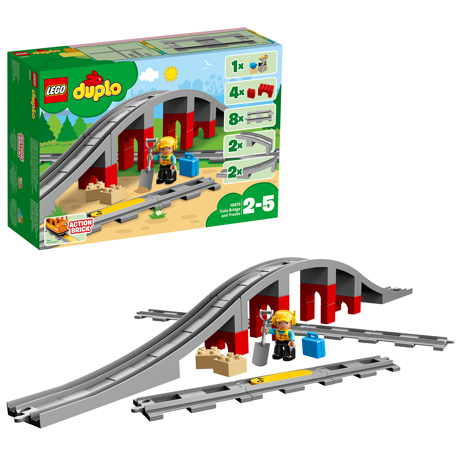 Set LEGO Duplo con binari, ponte e personaggi. Include un treno ed elementi di costruzione.