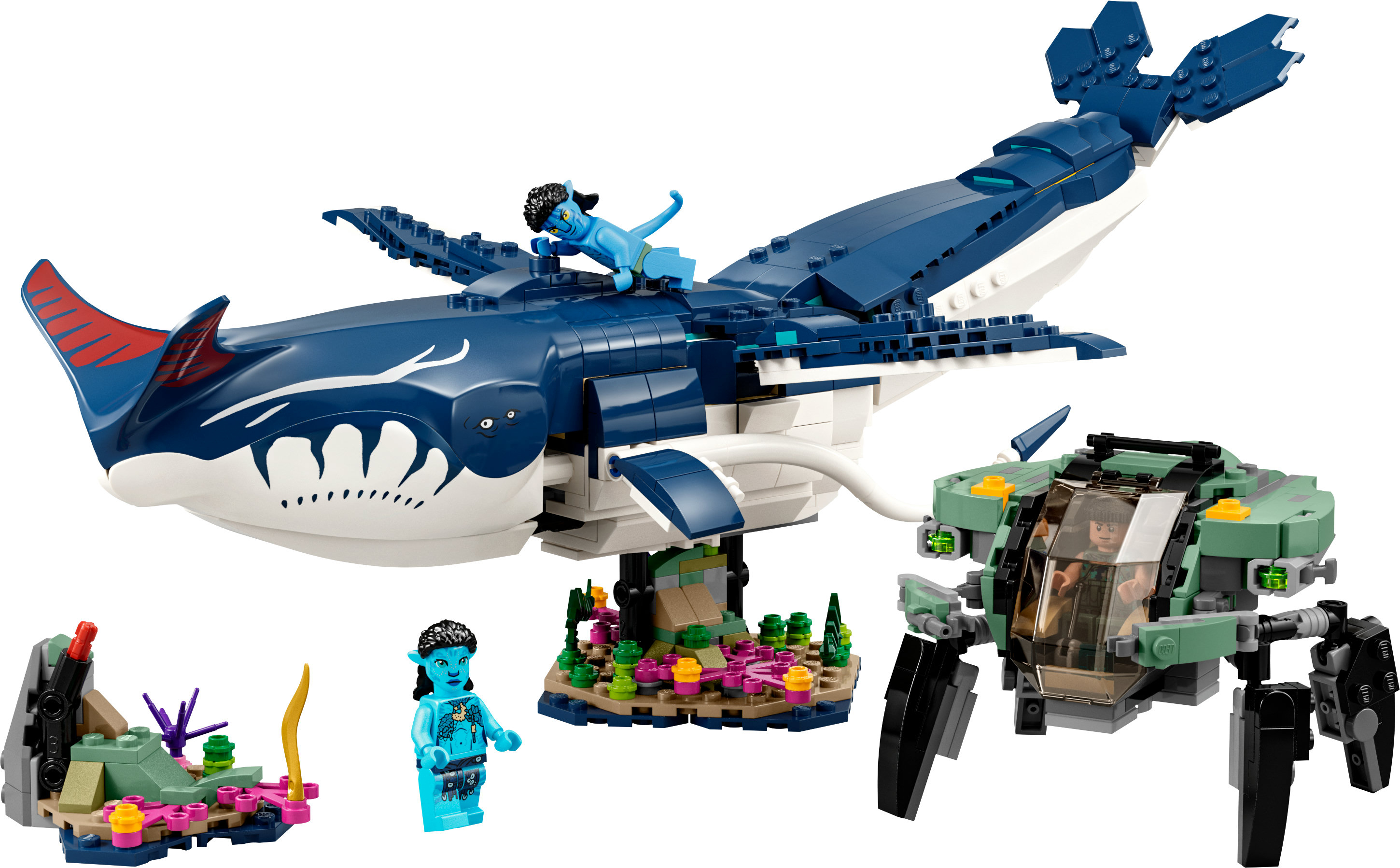 Set Lego Avatar con creatura simile a una balena e un mech. Due personaggi Avatar inclusi. Sfondo bianco.