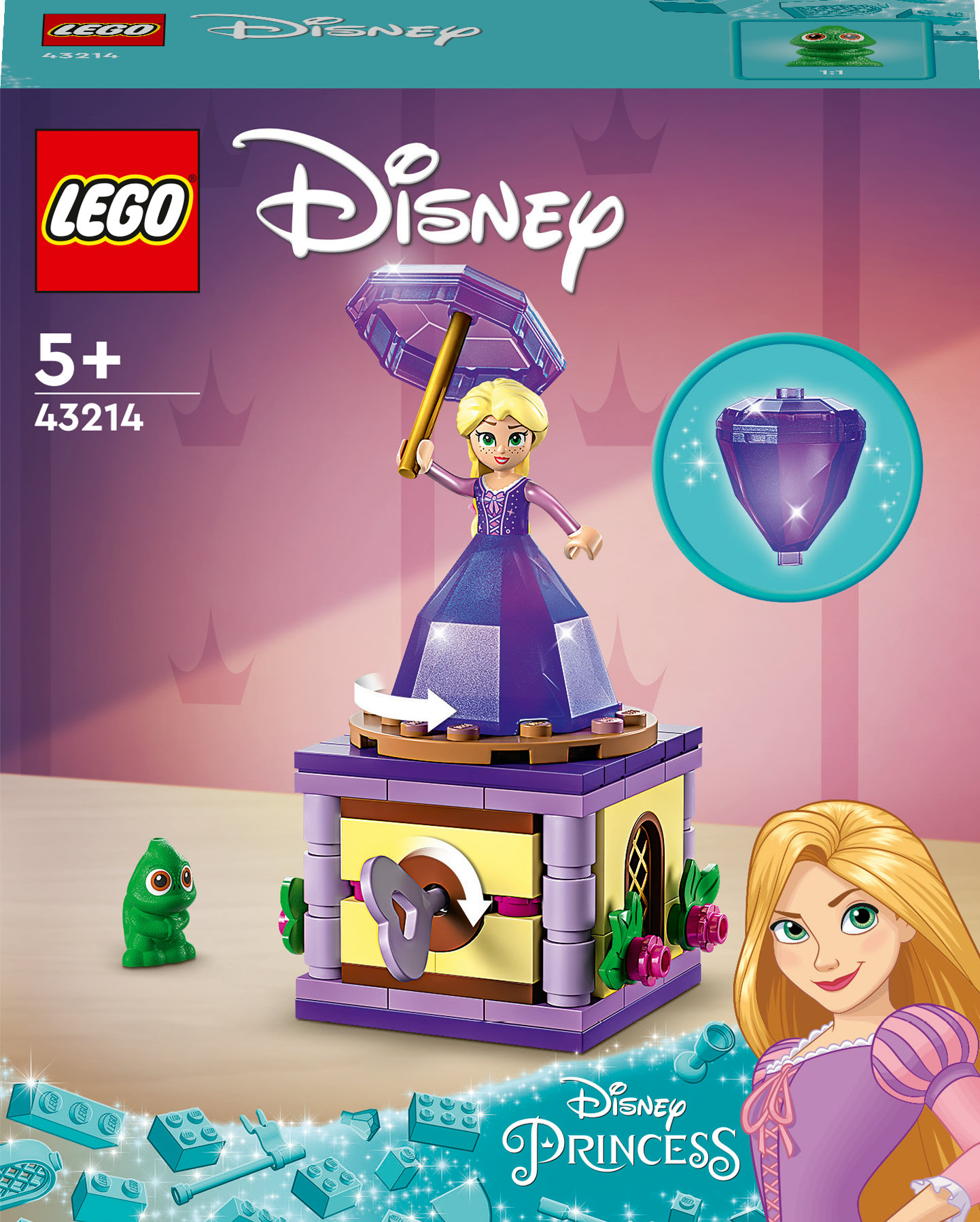 Lego Disney-Set-Box mit Rapunzel und einem kleinen Turm, einem grünen Chamäleon und einem Juwel.