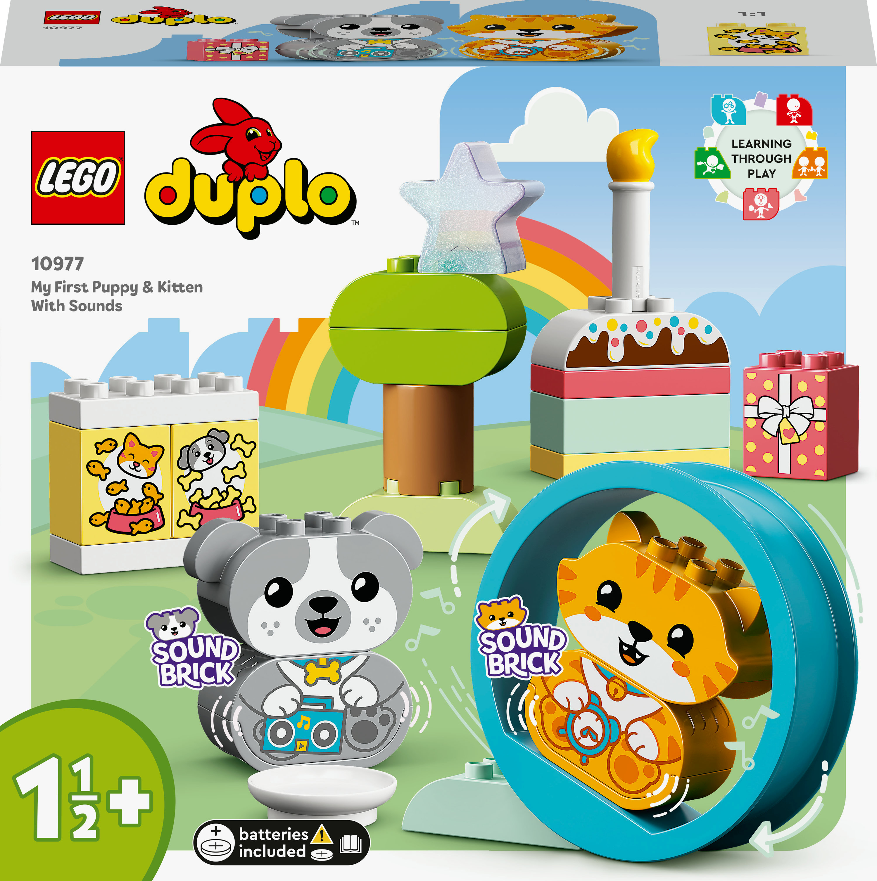 Een Lego Duplo doos met een puppy, een katje en andere kleurrijke bouwstenen.