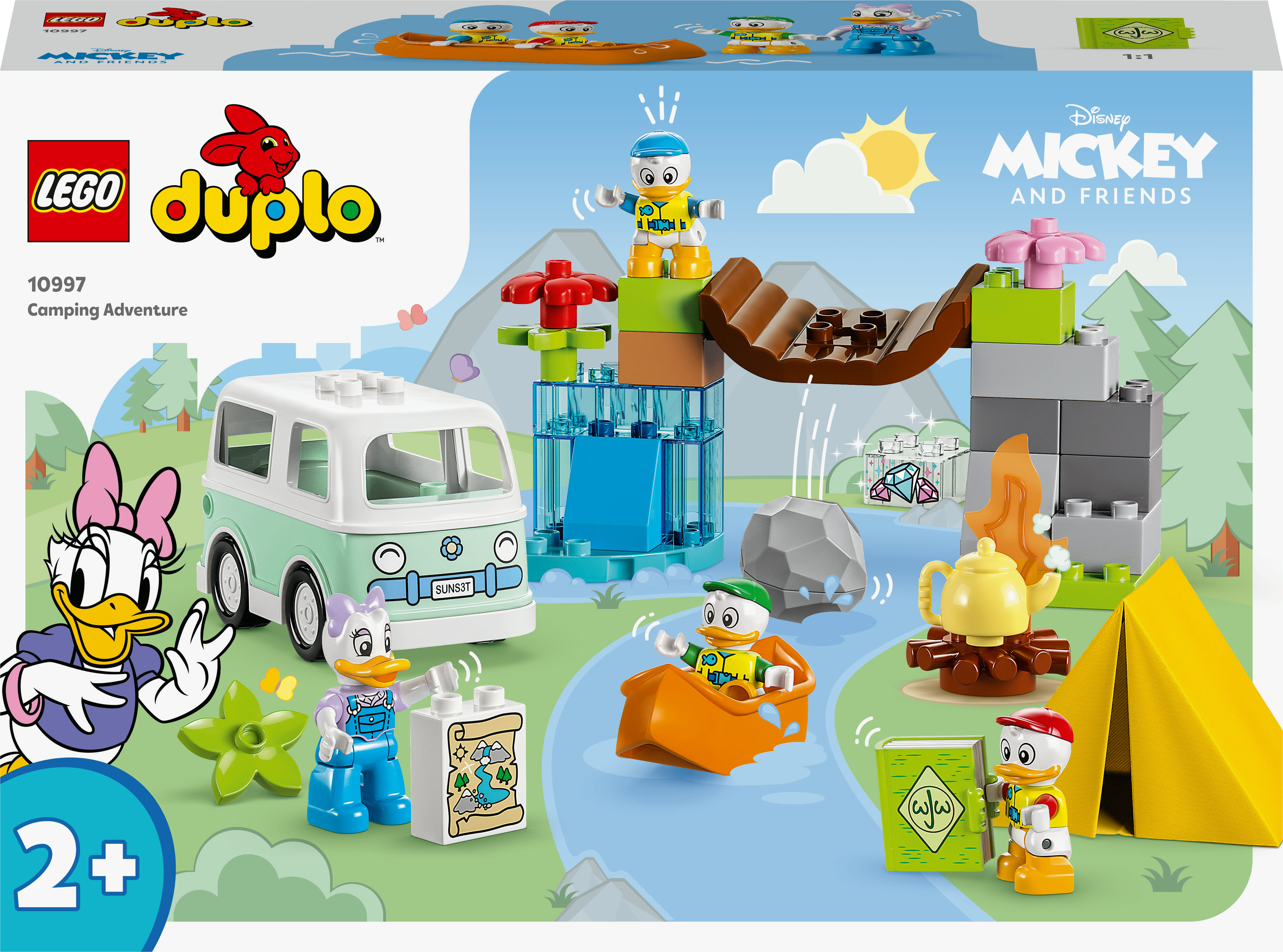 Ein Lego Duplo Set eines Camping-Abenteuers mit Micky und seinen Freunden. Enthält einen Van, ein Boot und Figuren.