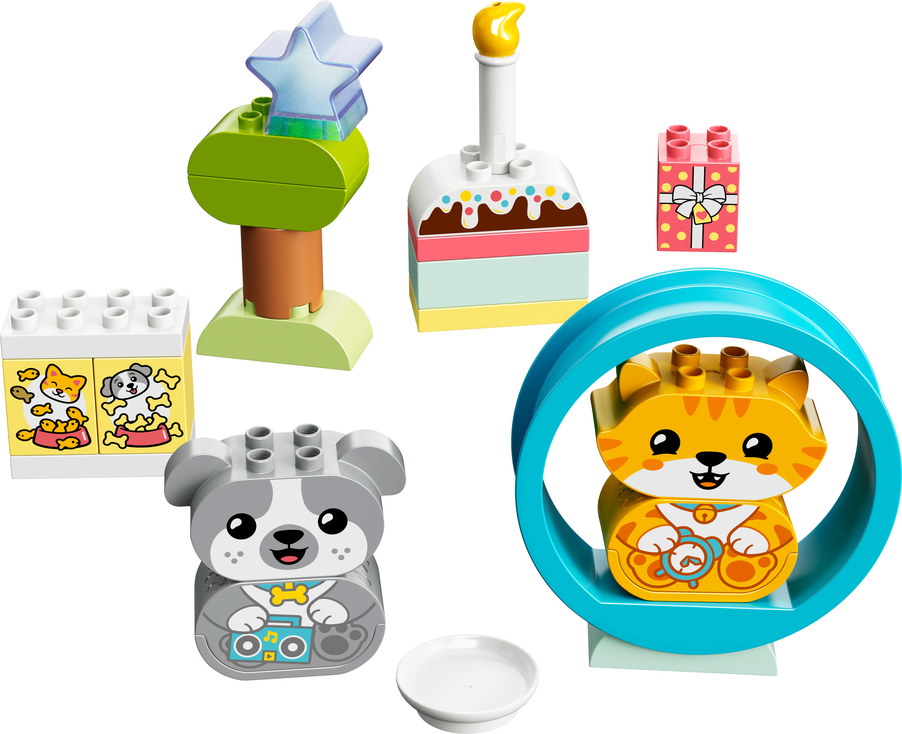 Lego Duplo set, diverse dierenfiguren en blokken met verjaardagsthema.