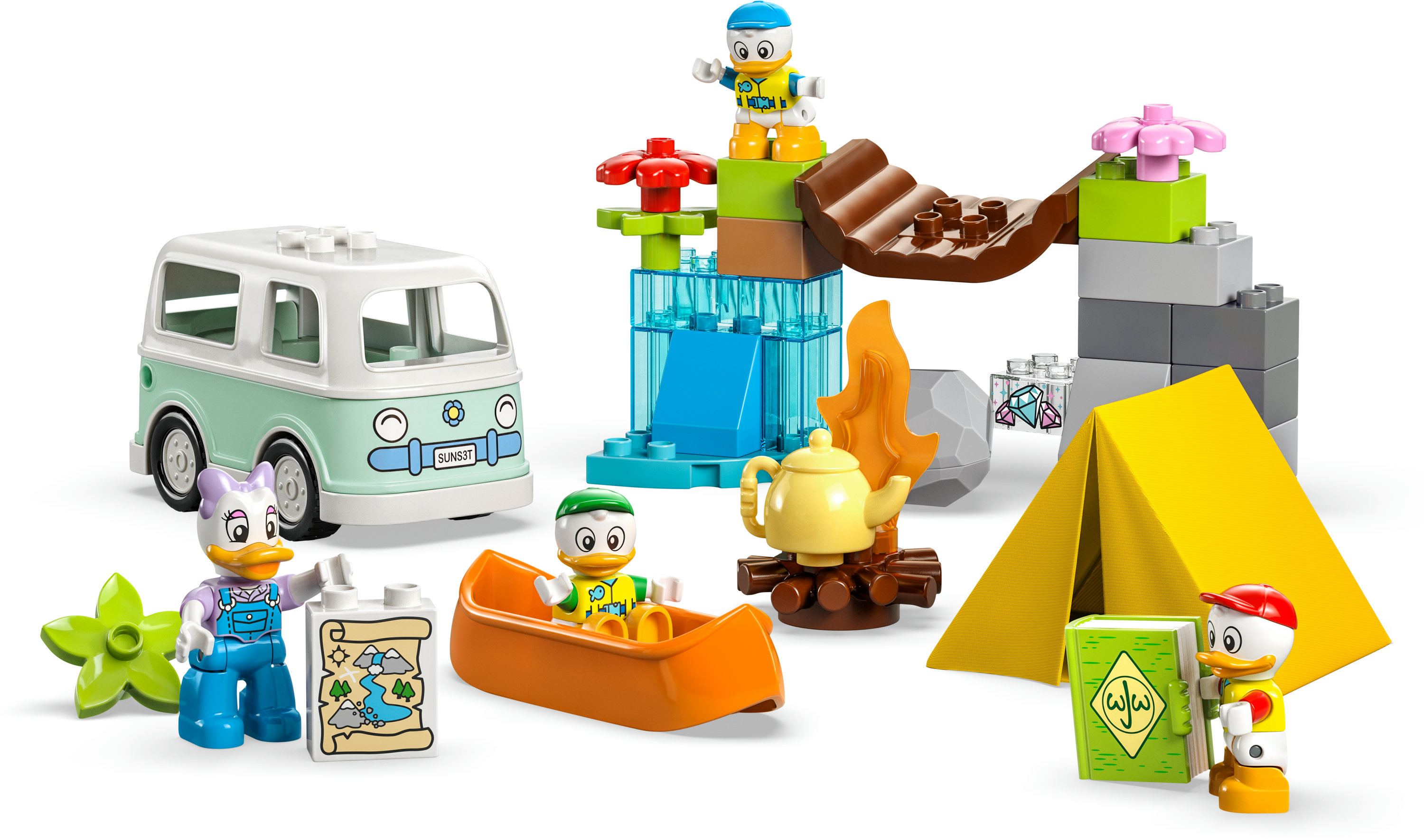 Ein Lego Duplo Set mit Donald Duck und Daisy Duck, eine Campingplatz-Szene und ein Wohnmobil.