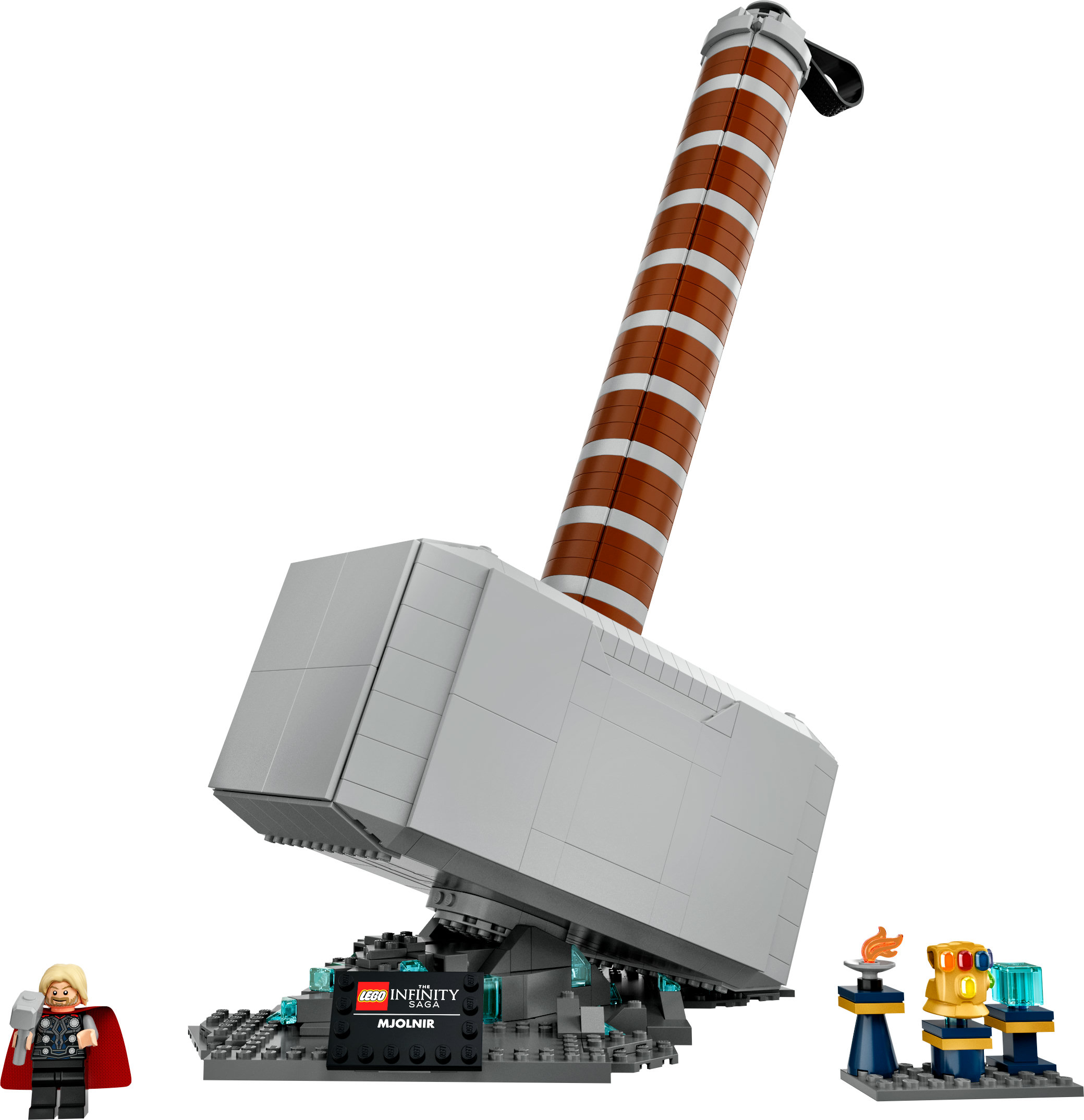 Büyük bir çekiç, bir taban ve bir Thor minifigürü içeren Lego Infinity Saga Thor'un Mjolnir seti.