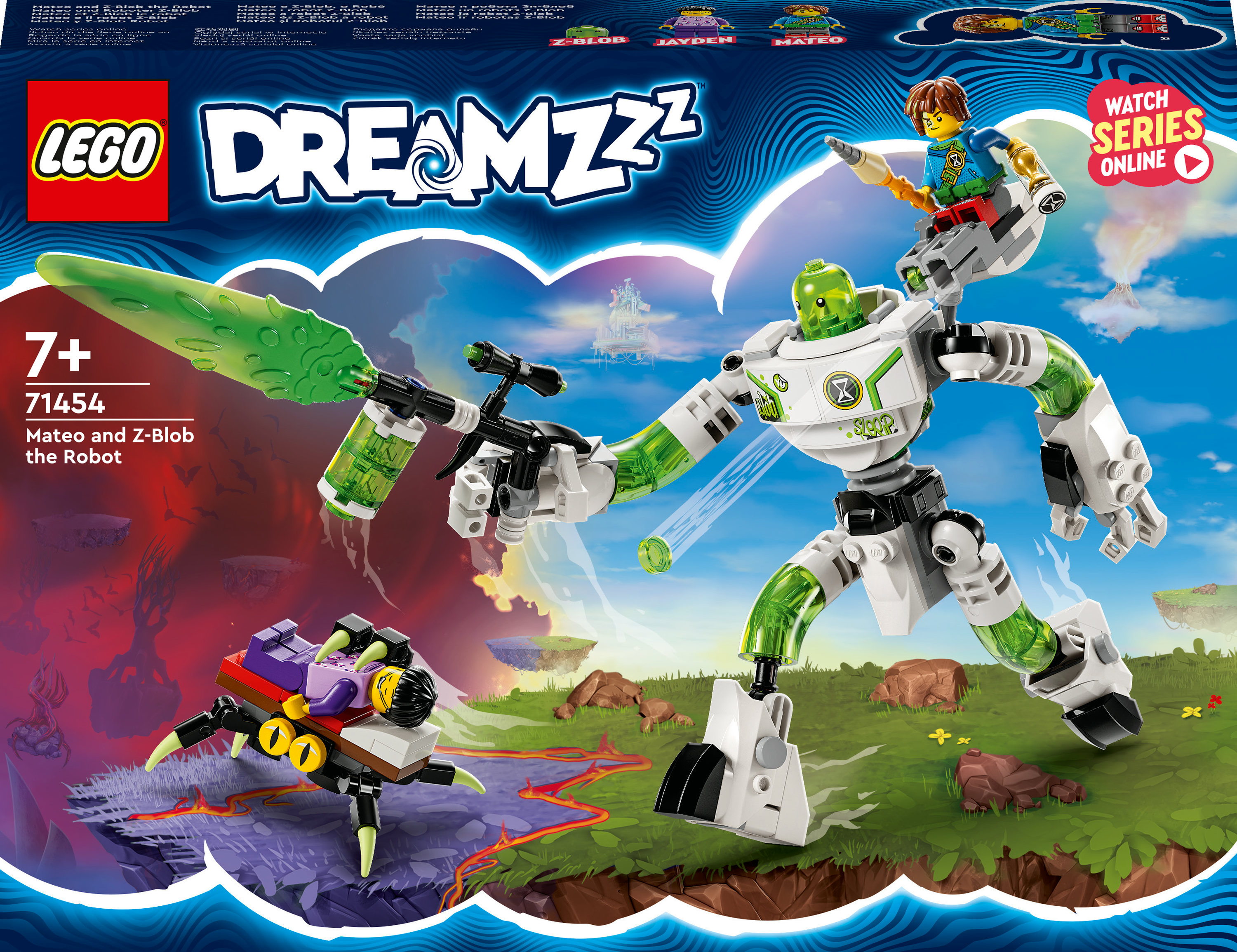 Set Lego Dreamzzz con un robot e una creatura simile a un ragno. Include personaggi e armi verdi.