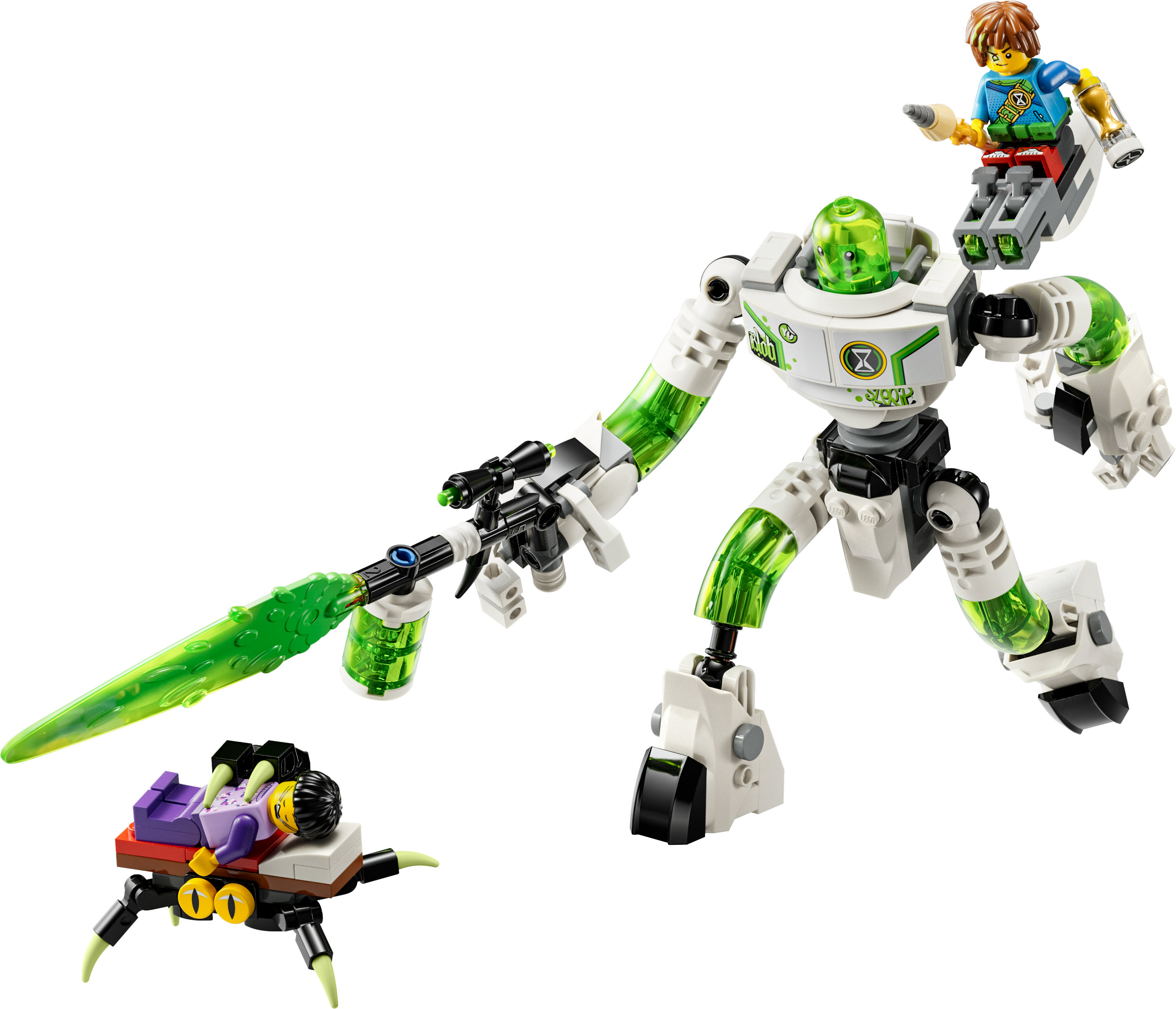 Robot Lego con testa e arti verdi. Una piccola figura è sopra e una figura a forma di ragno è in basso.