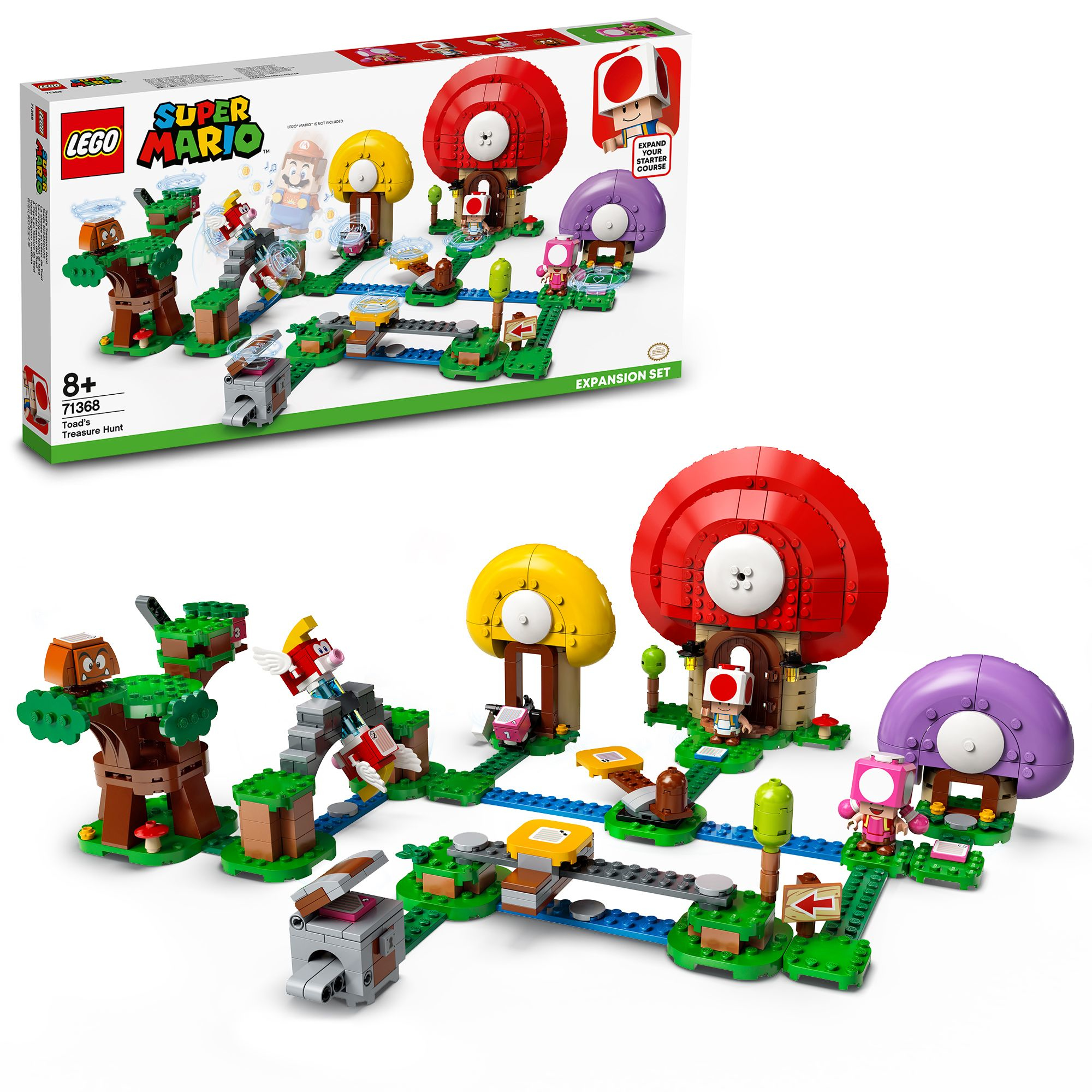 Zestaw LEGO Super Mario, poszukiwanie skarbu Toada, grzyby, figurki Mario i scena budowy.