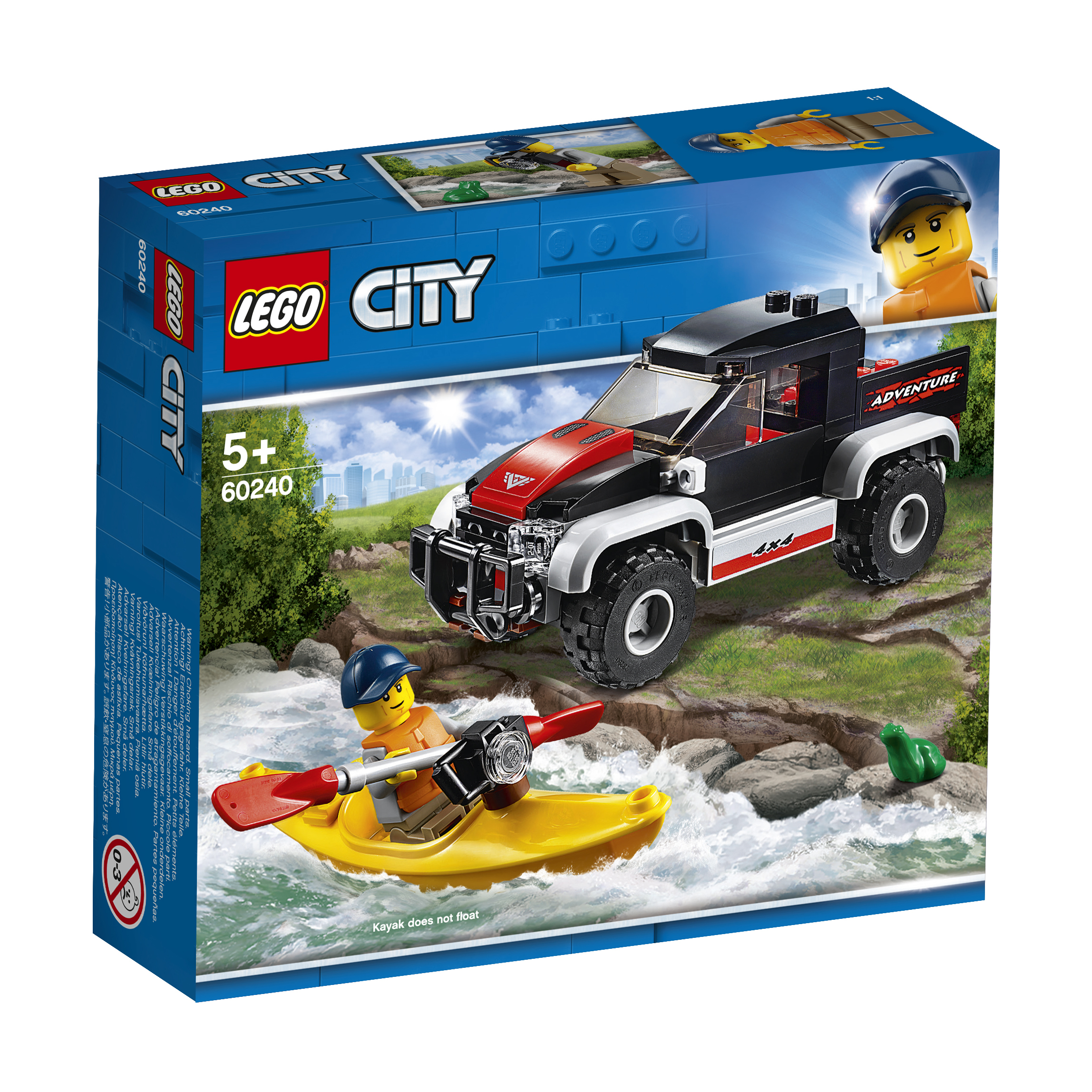 LEGO City Setbox zeigt einen Spielzeug-Truck mit Kajak auf einem Fluss. Eine Minifigur im Kajak.