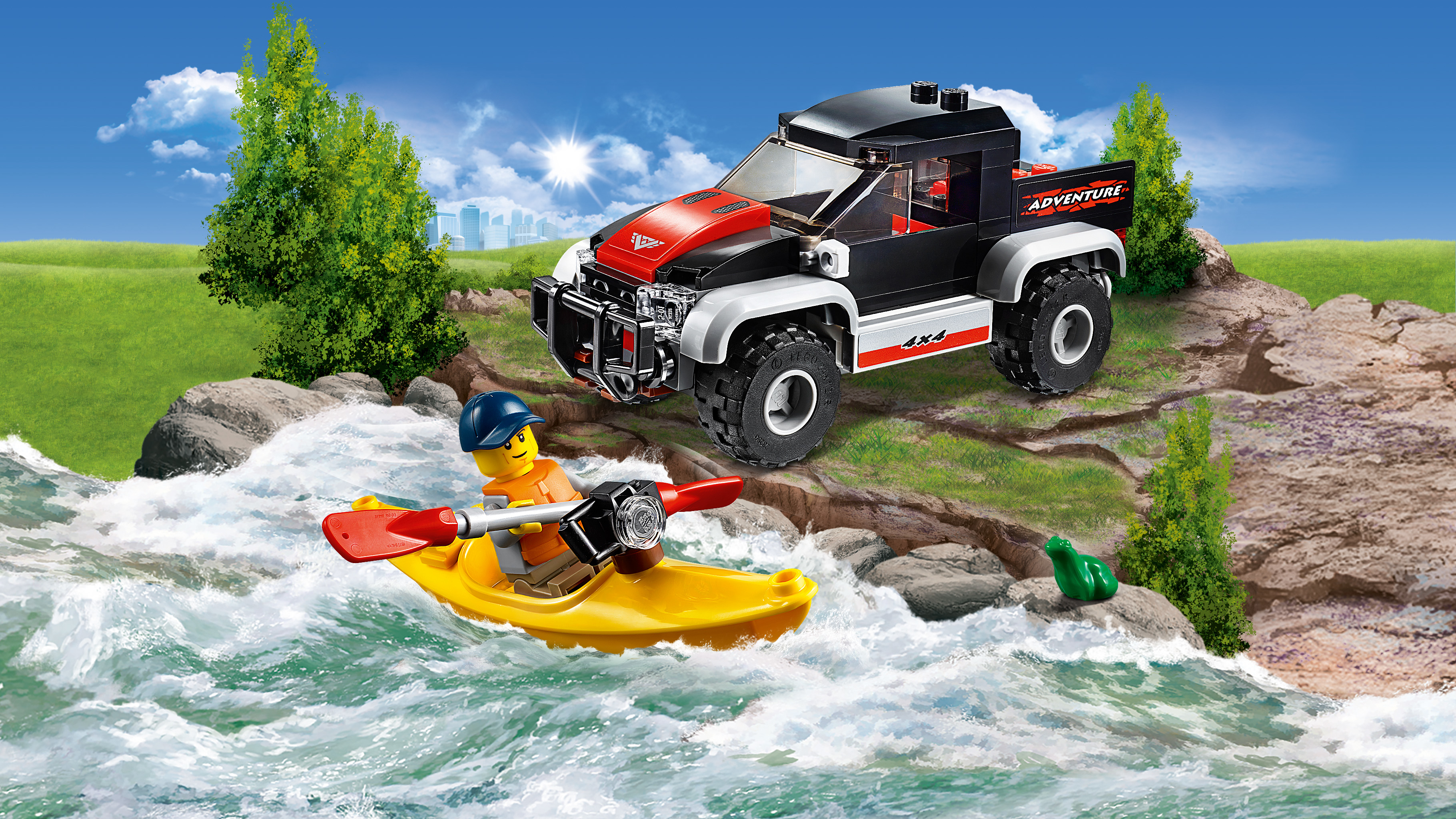 Lego City Set. Ein Mann in einem Kajak auf einem Fluss, mit einem LKW und Landschaft.