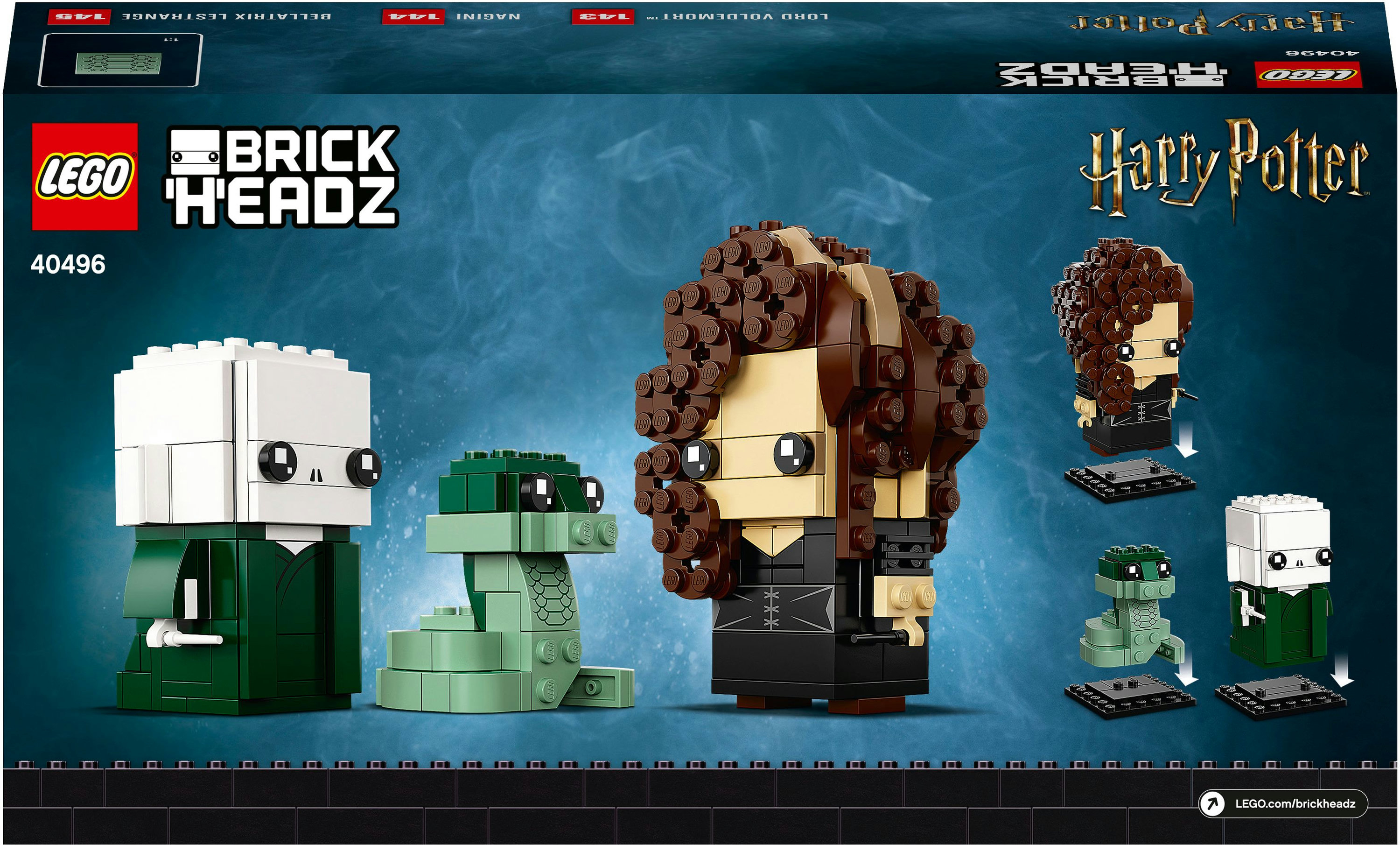 Scatola del set Lego BrickHeadz, con tre personaggi di Harry Potter: Voldemort, Nagini e Bellatrix.