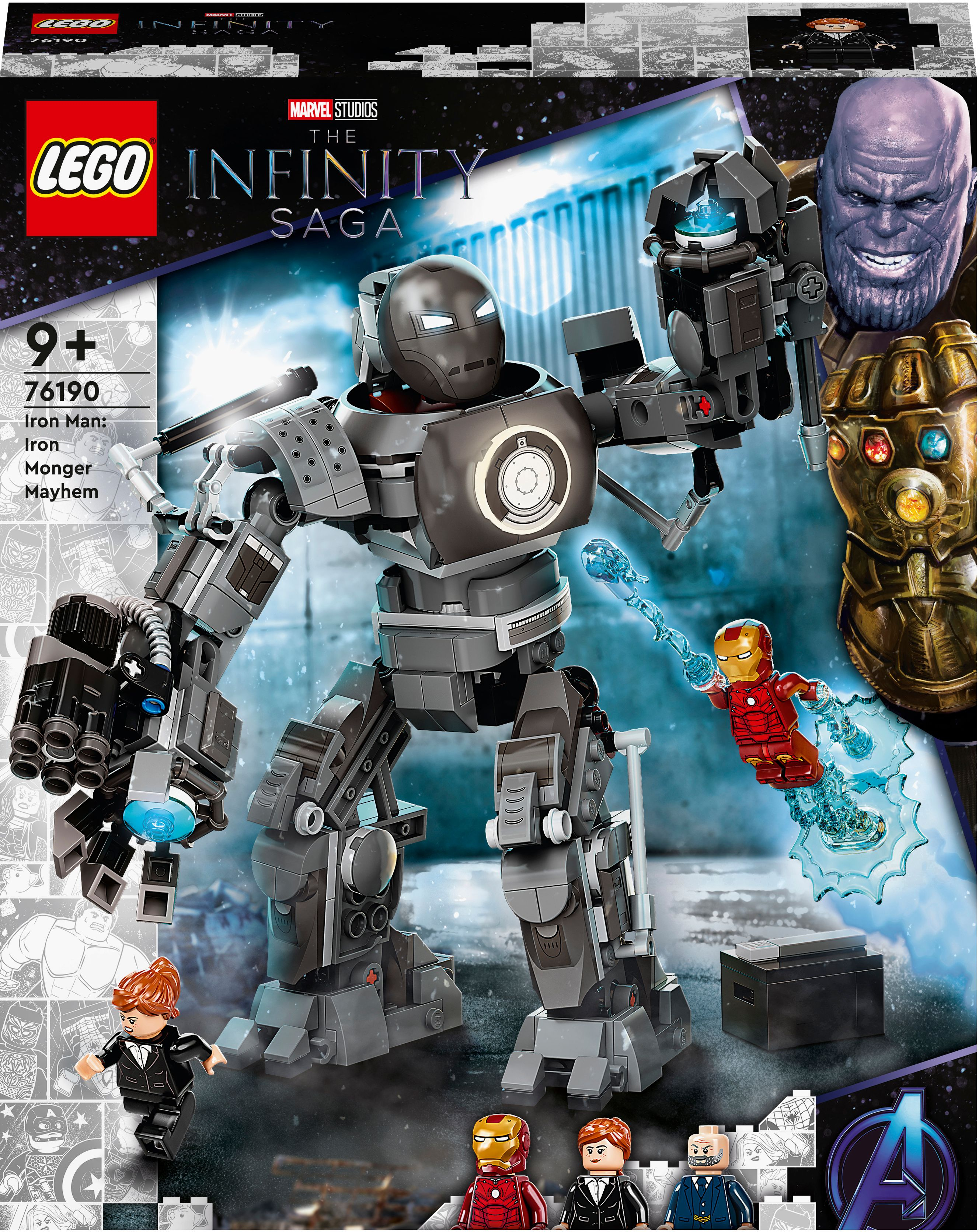 Scatola del set Lego che mostra Iron Man in un'armatura meccanica e altri personaggi Marvel come Thanos e Iron Monger.