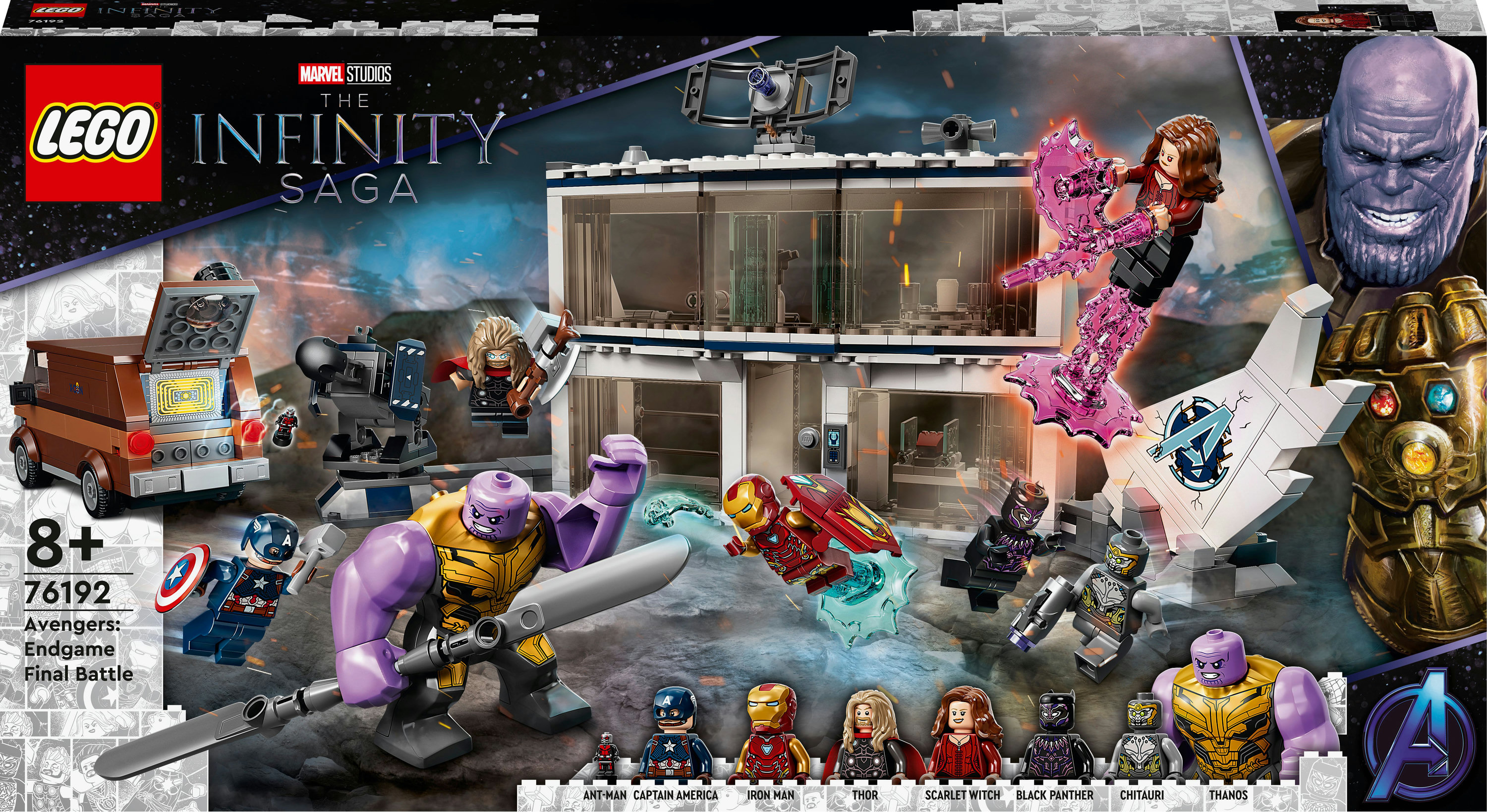 Set Lego Marvel Avengers Endgame. La scatola mostra Thanos, Iron Man, Captain America e altri supereroi.