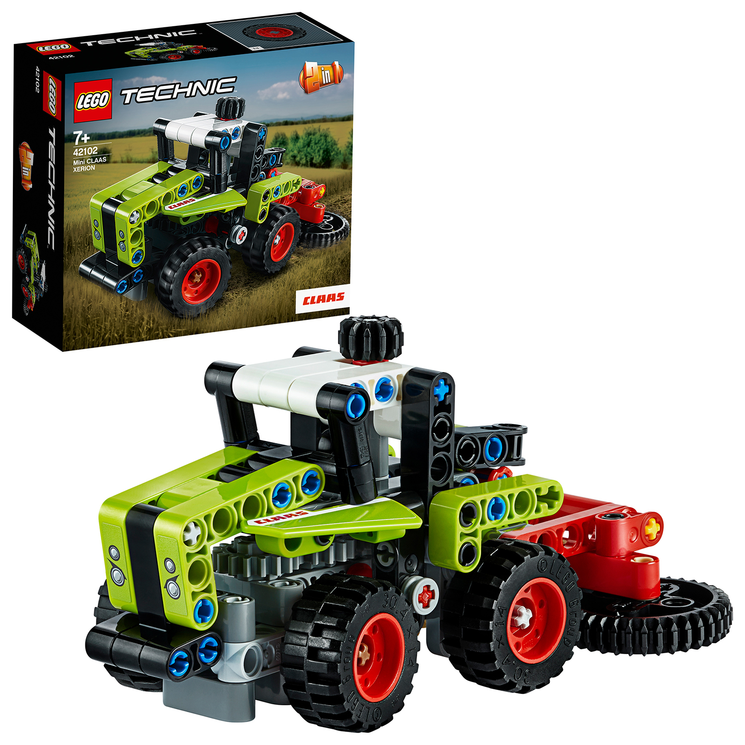A LEGO Technic tractor set with a green and red color scheme. The box shows the tractor.