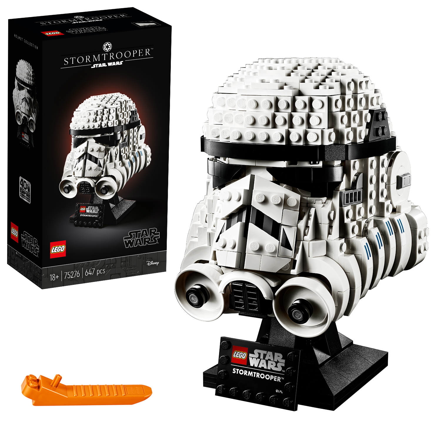 Casco Lego Star Wars Stormtrooper. Bianco e nero. Scatola accanto.