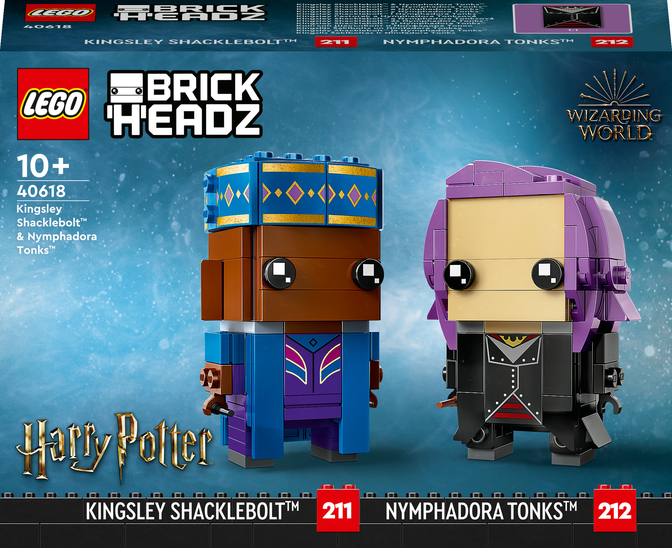 Pudełko zestawu LEGO BrickHeadz Harry Potter z figurkami Kingsleya Shacklebolta i Nymphadory Tonks.