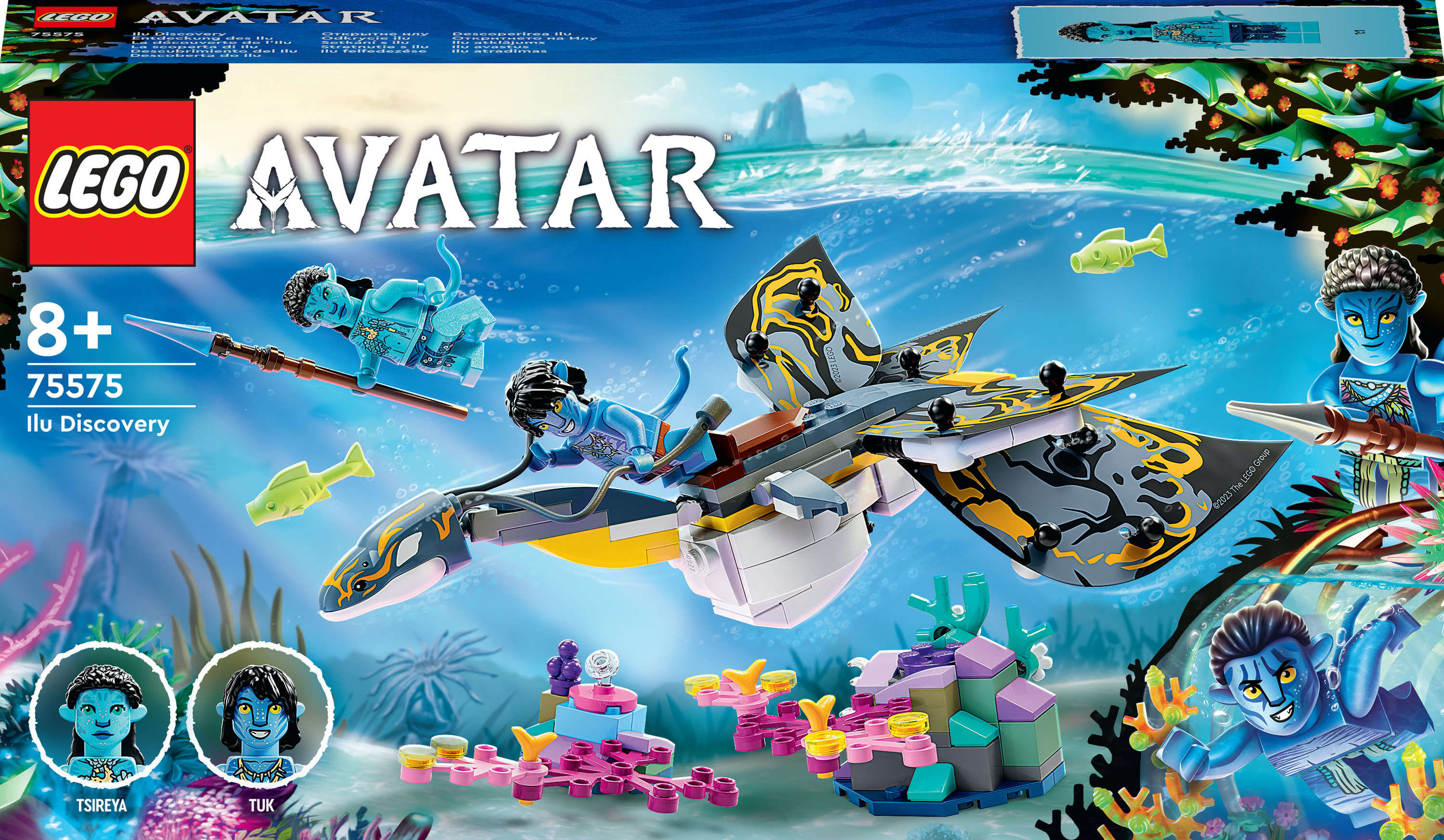 LEGO Avatar Set. Enthält fliegende Kreatur mit Na'vi Figuren. Szene mit Unterwasser- und Dschungel-Elementen.