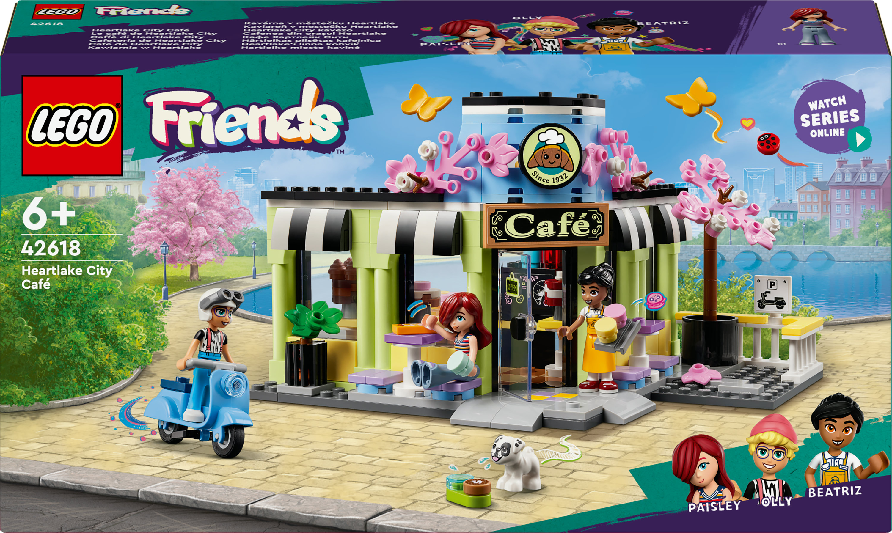 Zestaw Lego Friends przedstawiający kawiarnię ze skuterem, postaciami i elementami dekoracyjnymi.