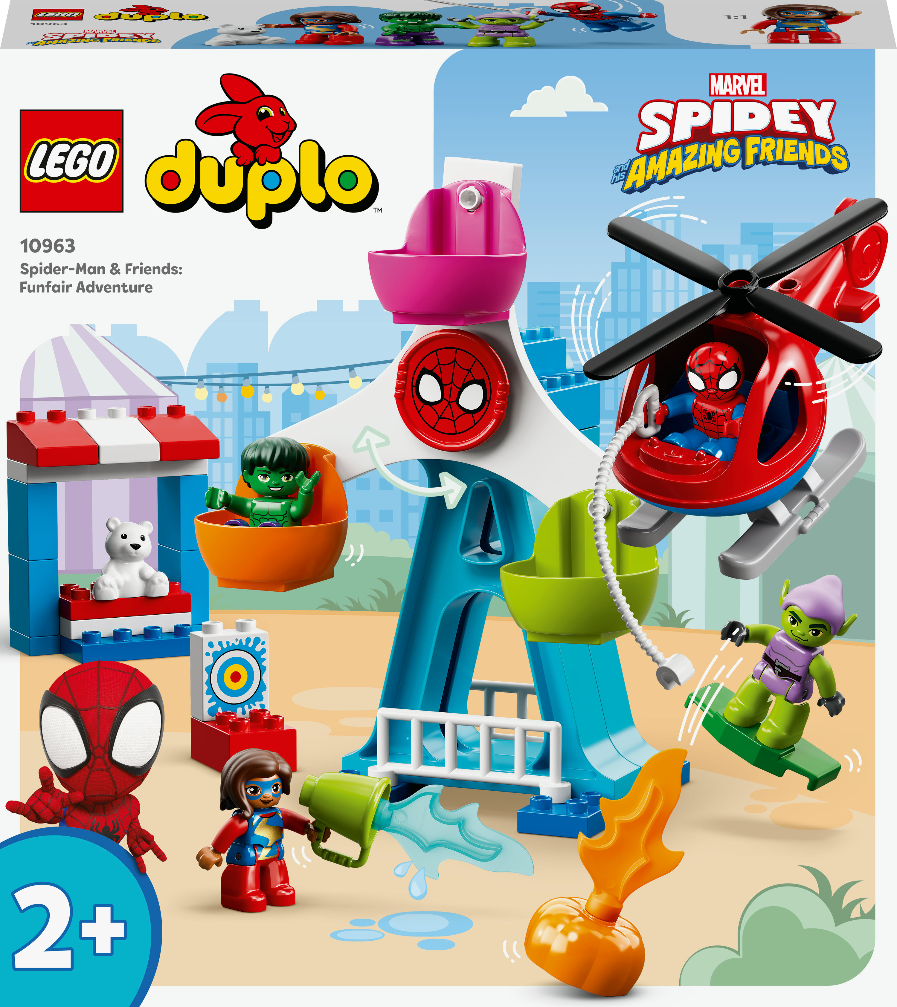 Lego Duplo Set: ein Riesenrad mit Spider-Man und anderen Figuren, mit Jahrmarkt im Hintergrund.
