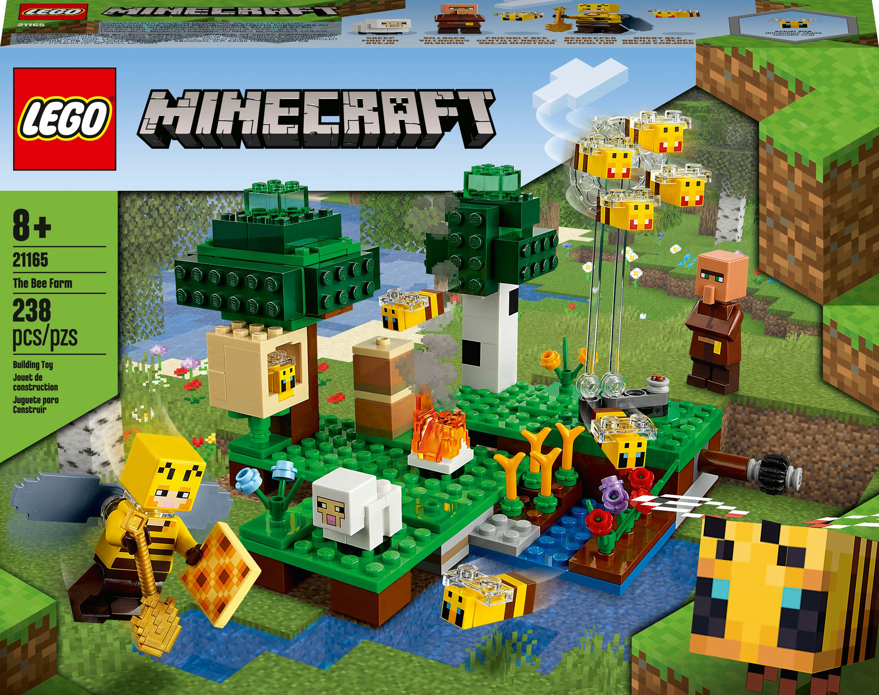 LEGO Minecraft Set. Enthält Bäume, Bienen, einen Dorfbewohner und Farmelemente. Bunte, detaillierte Szene.