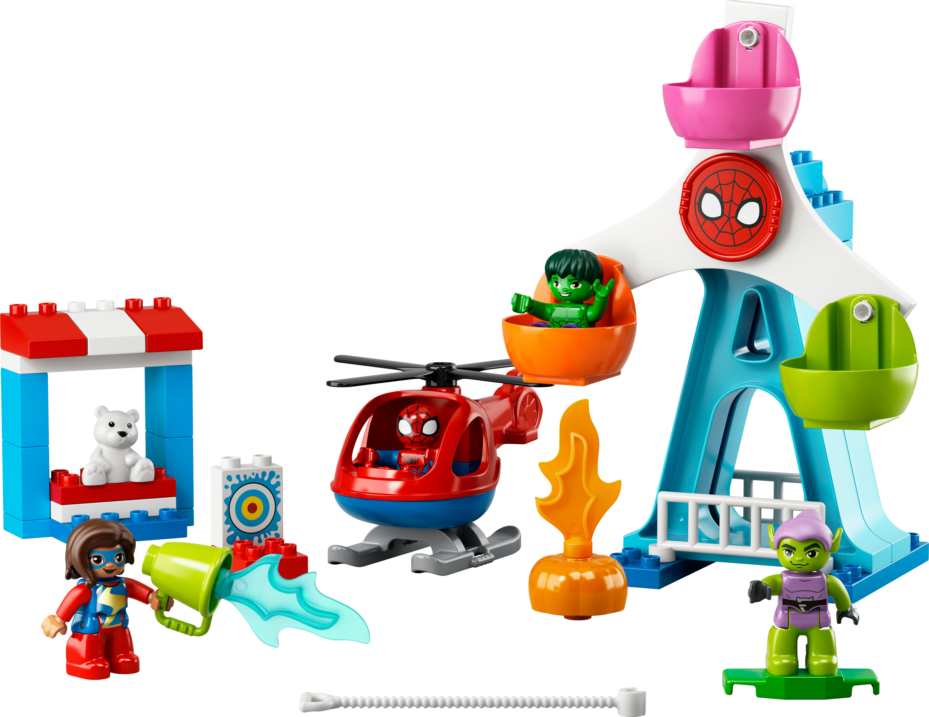 Lego Duplo Spider-Man Set. Enthält ein Riesenrad, einen Hubschrauber und Figuren. Helle Farben und spielerisches Design.