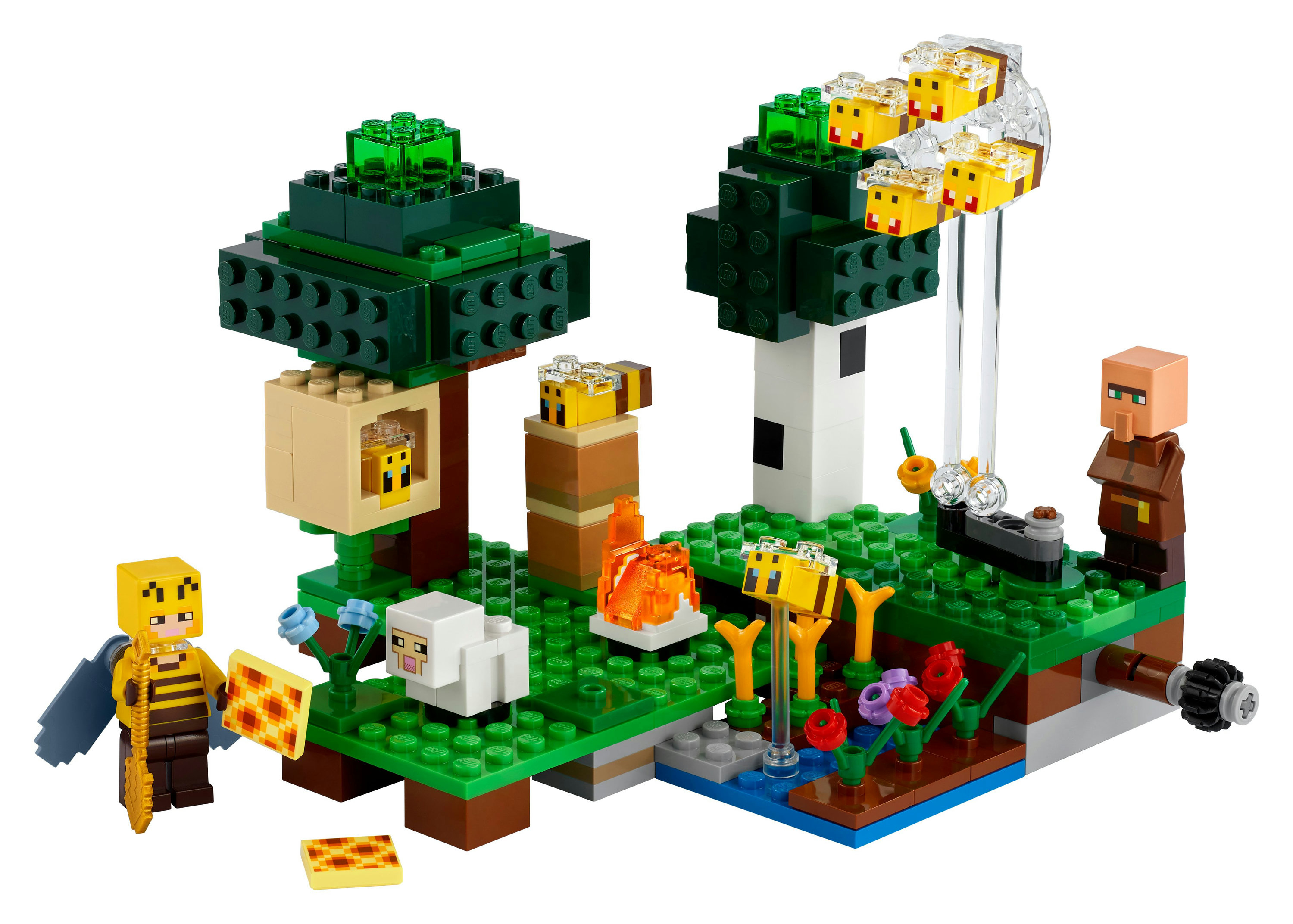LEGO Minecraft Set mit Bäumen, Bienen, einem Dorfbewohner und einem Imker.