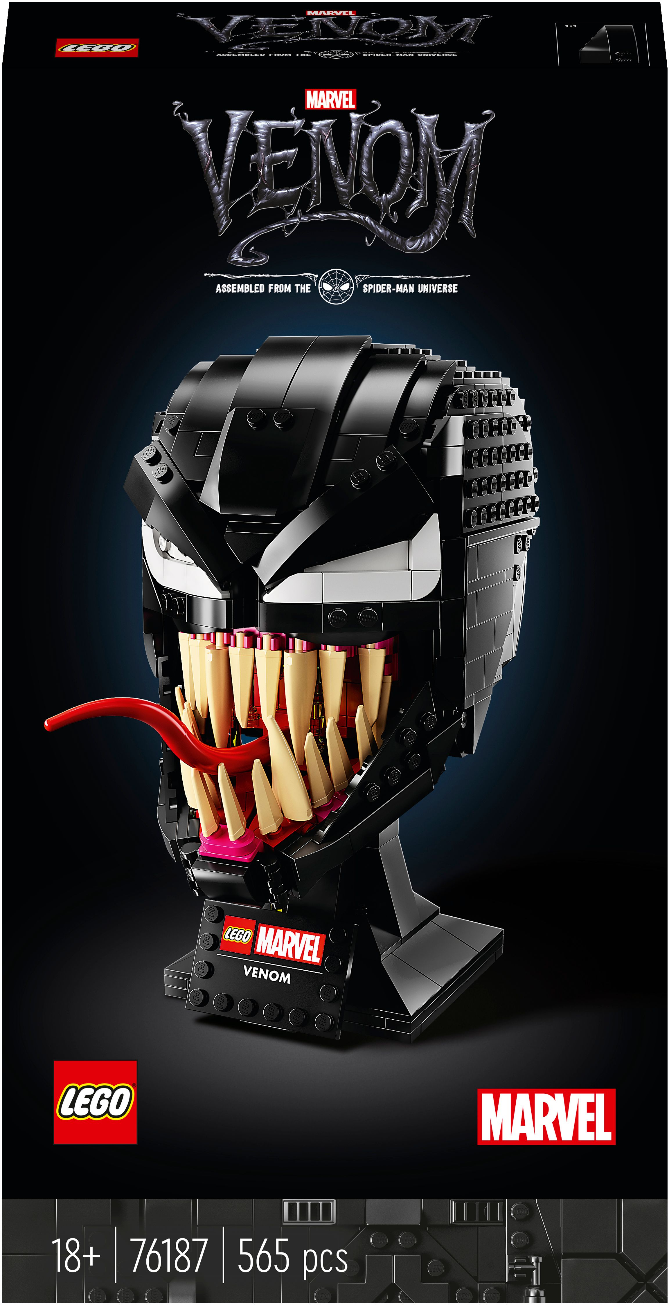 Zestaw głowy Lego Marvel Venom na czarnym tle z pudełkiem zestawu.