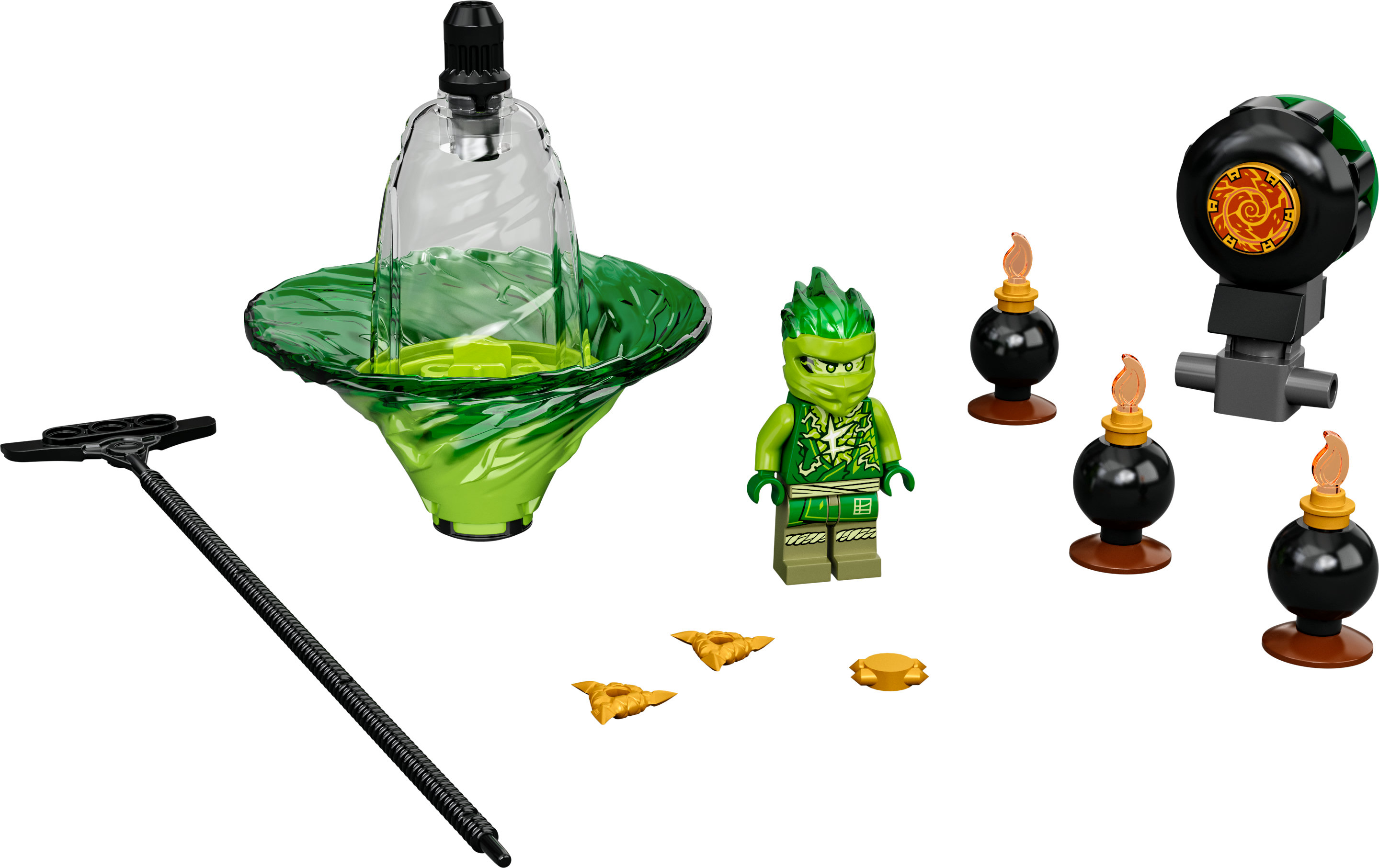 Un set LEGO Ninjago avec une minifigurine ninja verte, une toupie et des bombes.