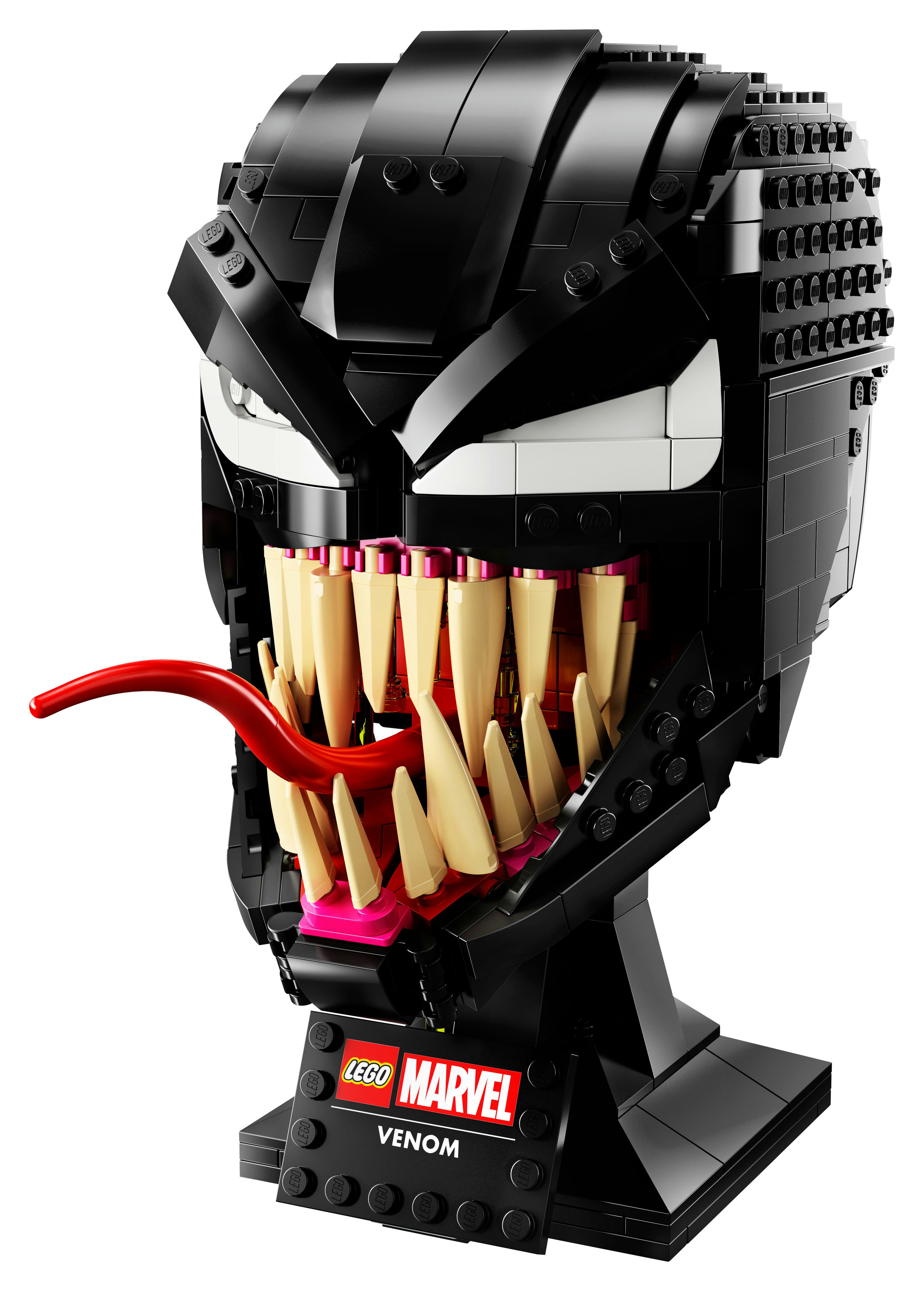 Popiersie Lego Marvel Venom. Czarna głowa z czerwonym językiem i ostrymi zębami. Czarna podstawa.