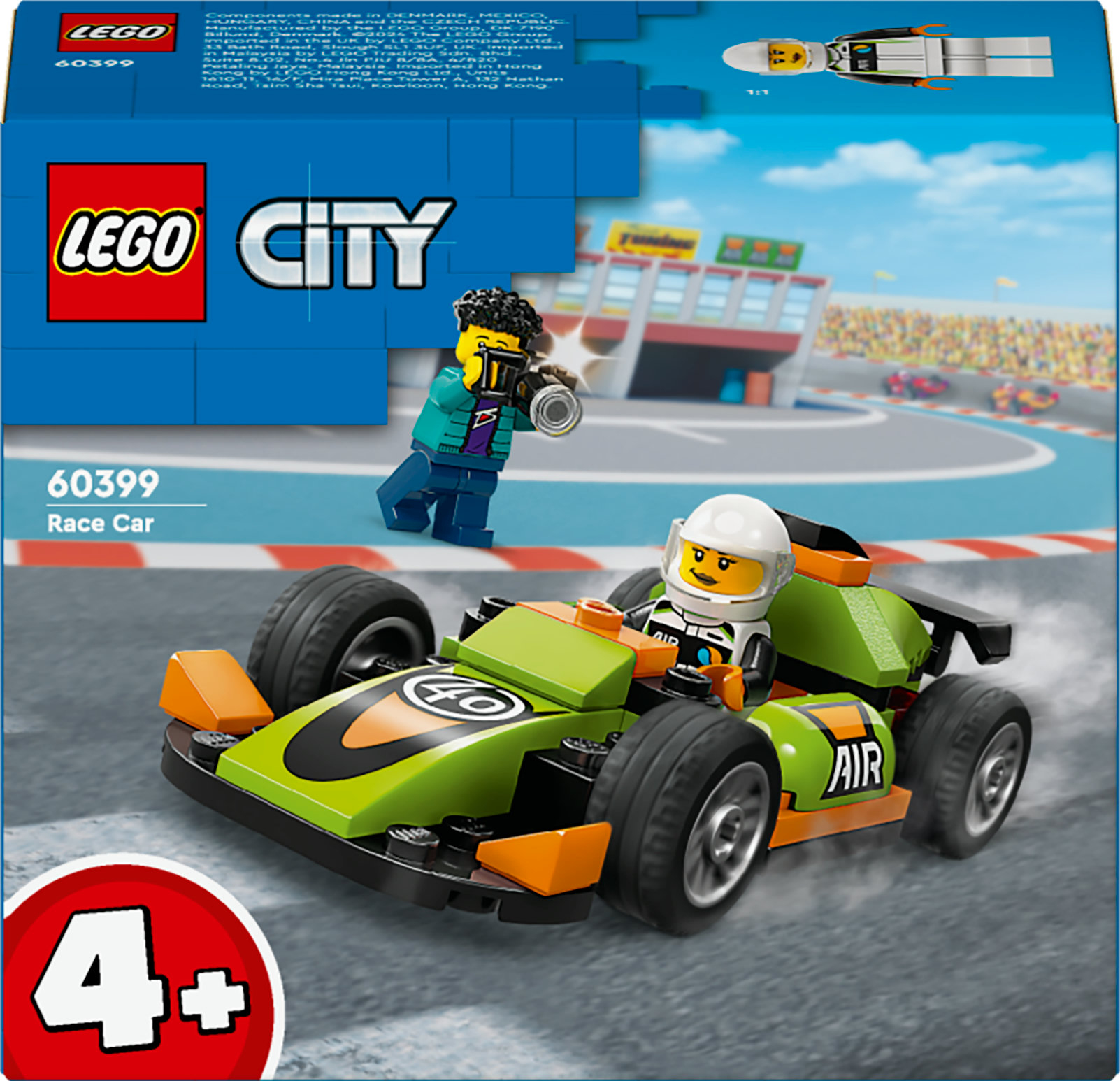Zestaw Lego City Race Car. Zestaw zawiera zielono-pomarańczowy samochód wyścigowy i dwie figurki Lego.