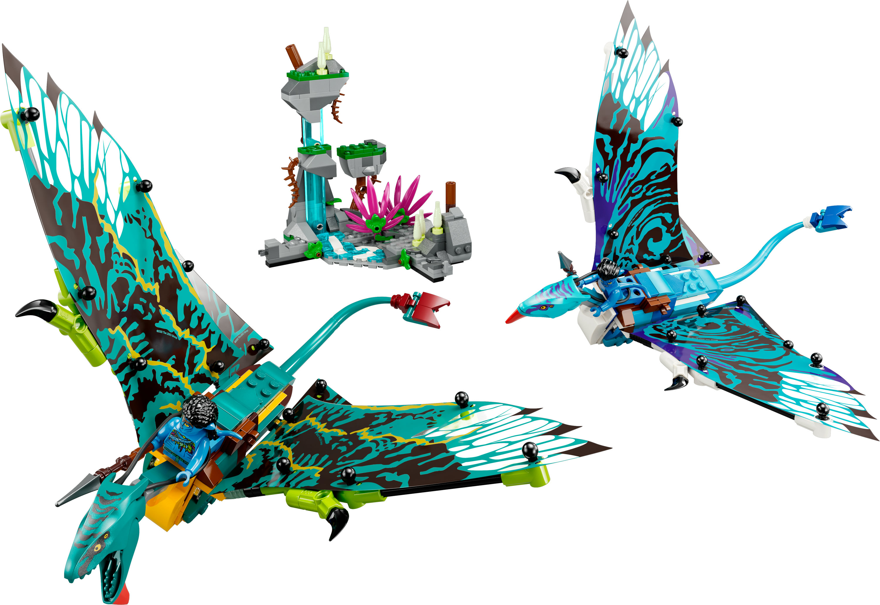 Lego Avatar Set. Enthält fliegende Kreaturen, einen Wasserfall und Figuren. Das Set ist farbenfroh.