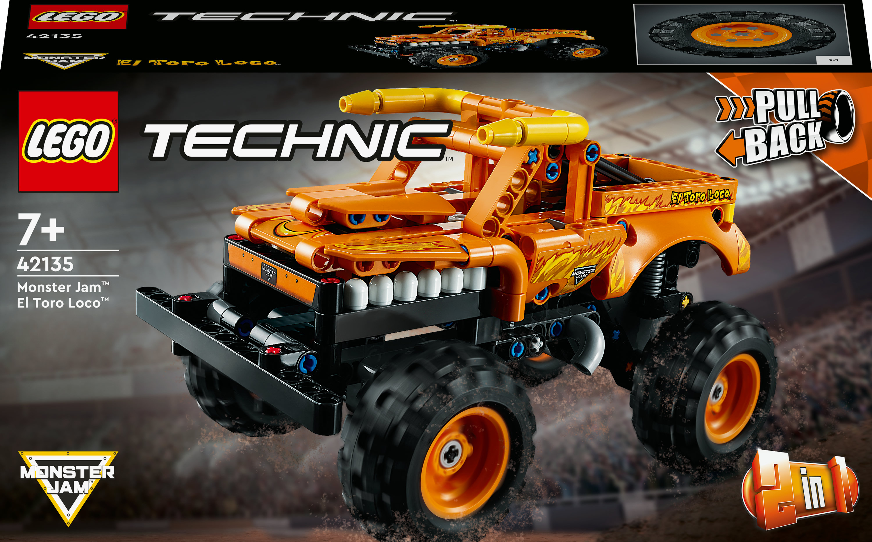 Scatola Lego Technic Monster Jam El Toro Loco con un monster truck arancione.