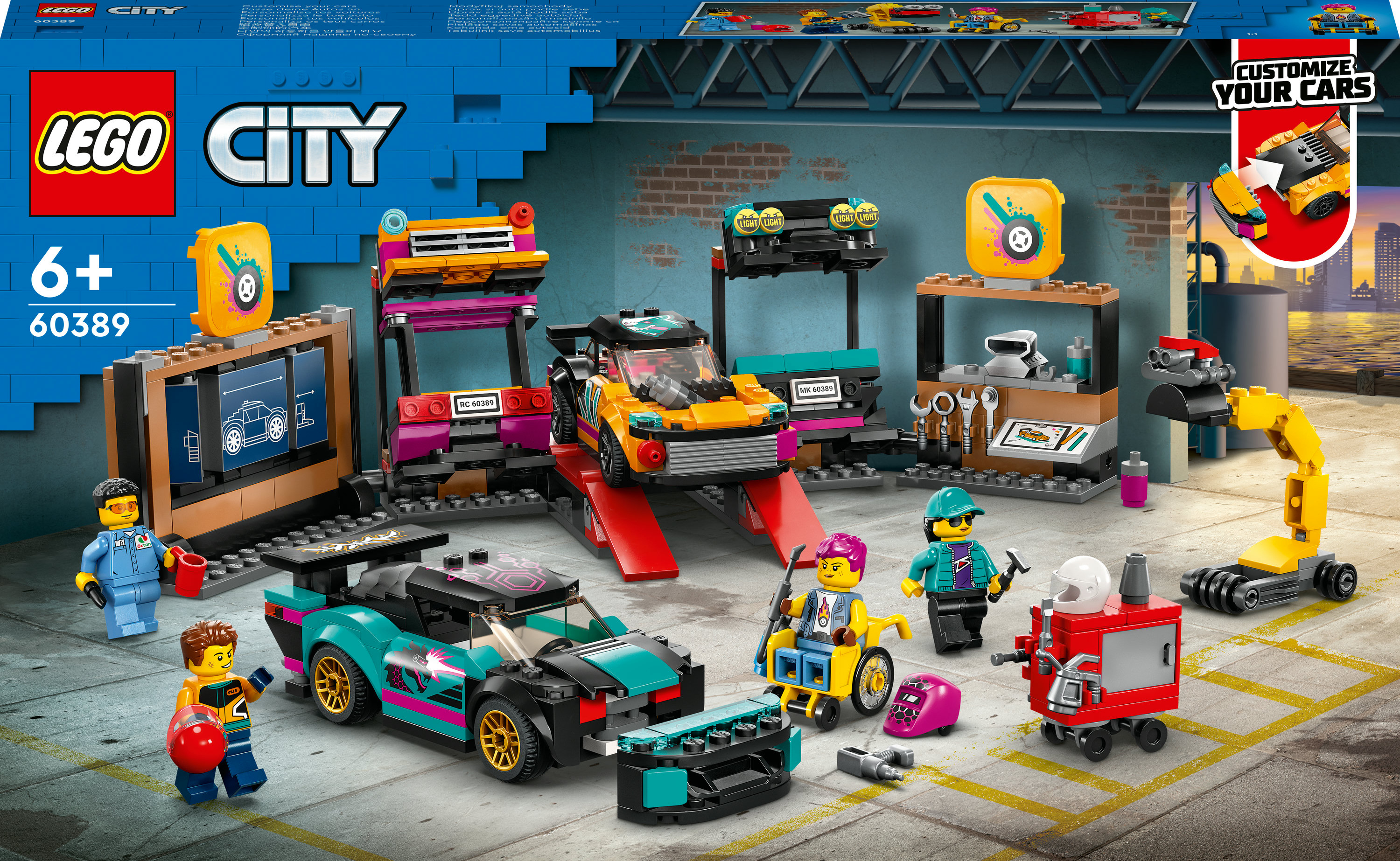 Lego City Garage-Szene mit Autos, Figuren und Werkzeugen.